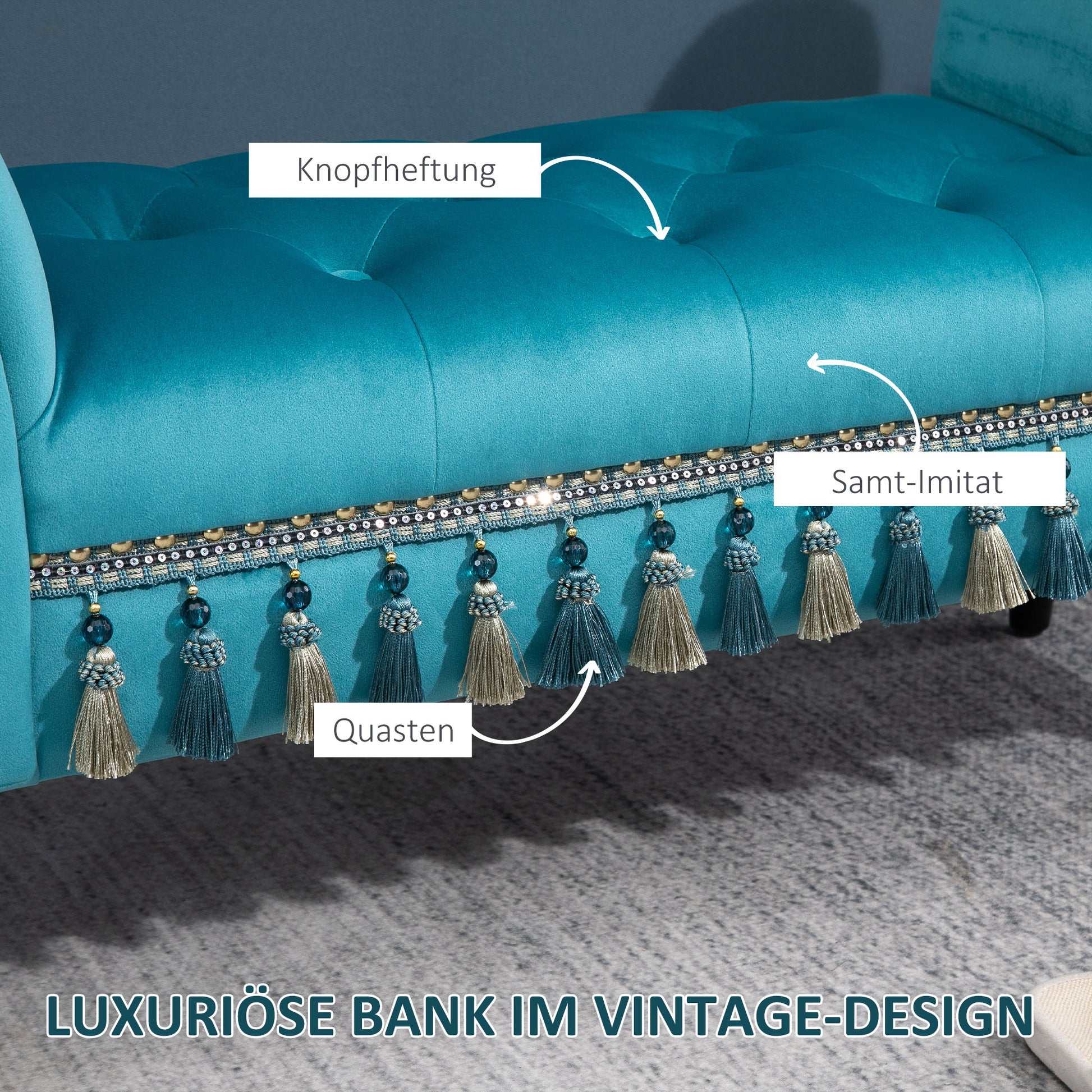 Padded Bench, Velvet Look, Luxury Bed Bench with Wooden Legs, Hallway Bench for Bedroom, up to 150 kg Load Capacity, Blue, 117 x 40 x 58 cm