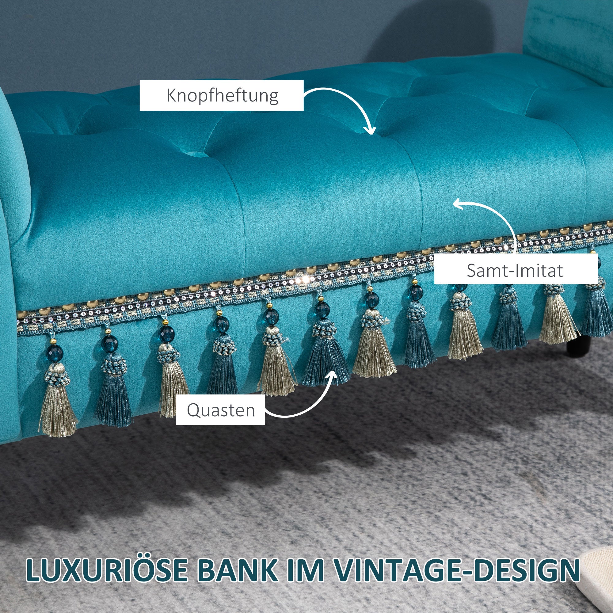 Padded Bench, Velvet Look, Luxury Bed Bench with Wooden Legs, Hallway Bench for Bedroom, up to 150 kg Load Capacity, Blue, 117 x 40 x 58 cm