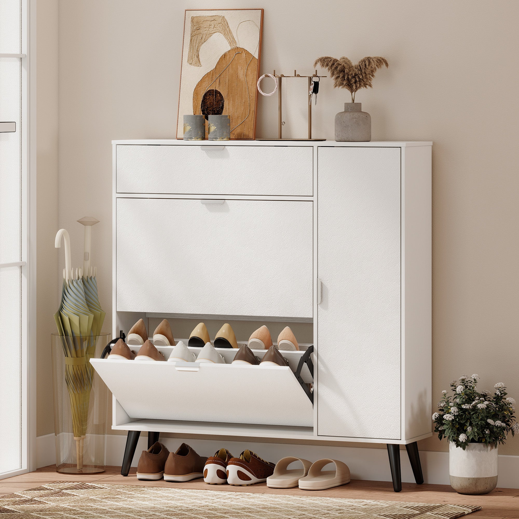 Slim Shoe Cabinet with 2 Flip Compartments, Leather-Effect Doors, 2 Cupboards & Adjustable Shelves, Soft-Close for Hallway & Entry — White