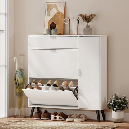 Slim Shoe Cabinet with 2 Flip Compartments, Leather-Effect Doors, 2 Cupboards & Adjustable Shelves, Soft-Close for Hallway & Entry — White