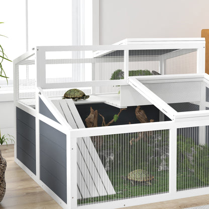 Tortoise House Enclosure Cage for Small Animal with 2 Spaces Polycarbonate Roof, 3 Doors, Ramp, 115 x 115 x 82 cm - Gray
