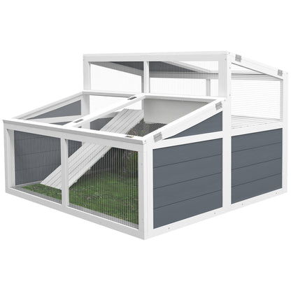 Tortoise House Enclosure Cage for Small Animal with 2 Spaces Polycarbonate Roof, 3 Doors, Ramp, 115 x 115 x 82 cm - Gray