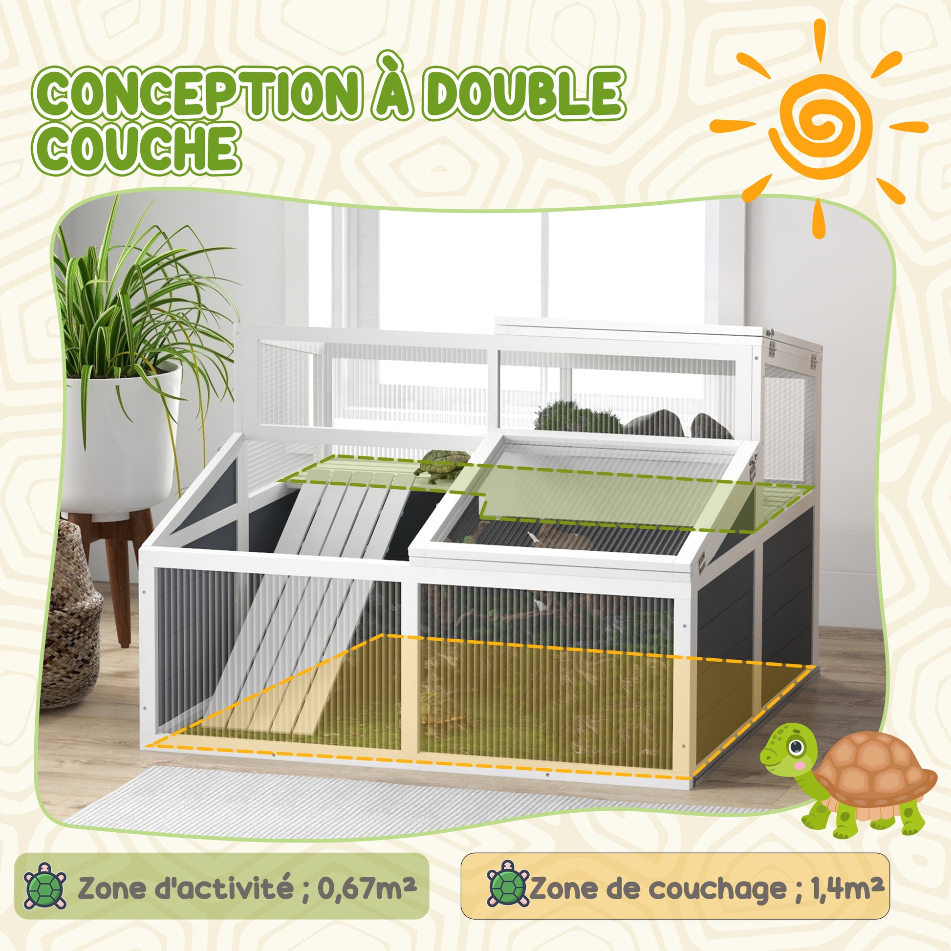 Tortoise House Enclosure Cage for Small Animal with 2 Spaces Polycarbonate Roof, 3 Doors, Ramp, 115 x 115 x 82 cm - Gray