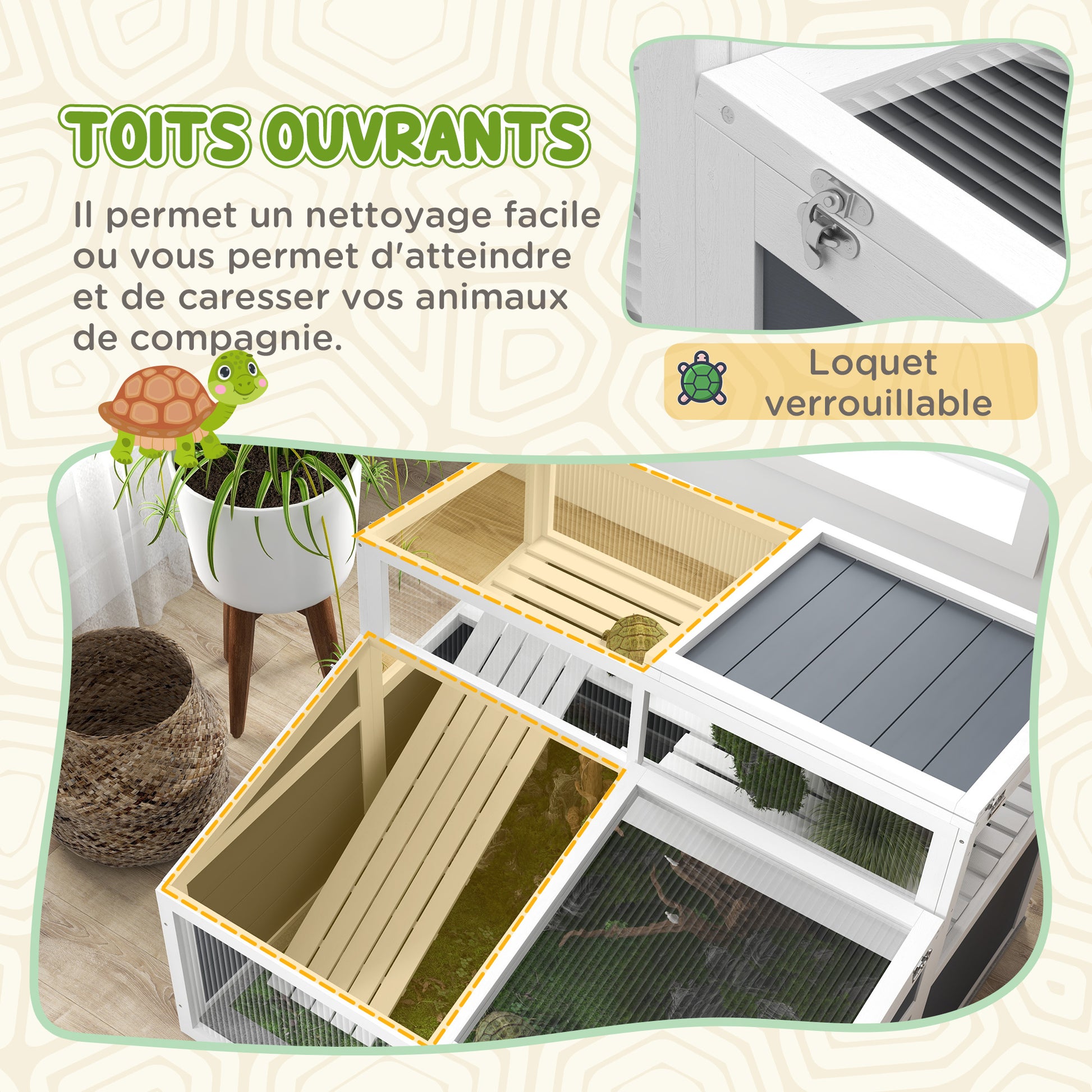 Tortoise House Enclosure Cage for Small Animal with 2 Spaces Polycarbonate Roof, 3 Doors, Ramp, 115 x 115 x 82 cm - Gray