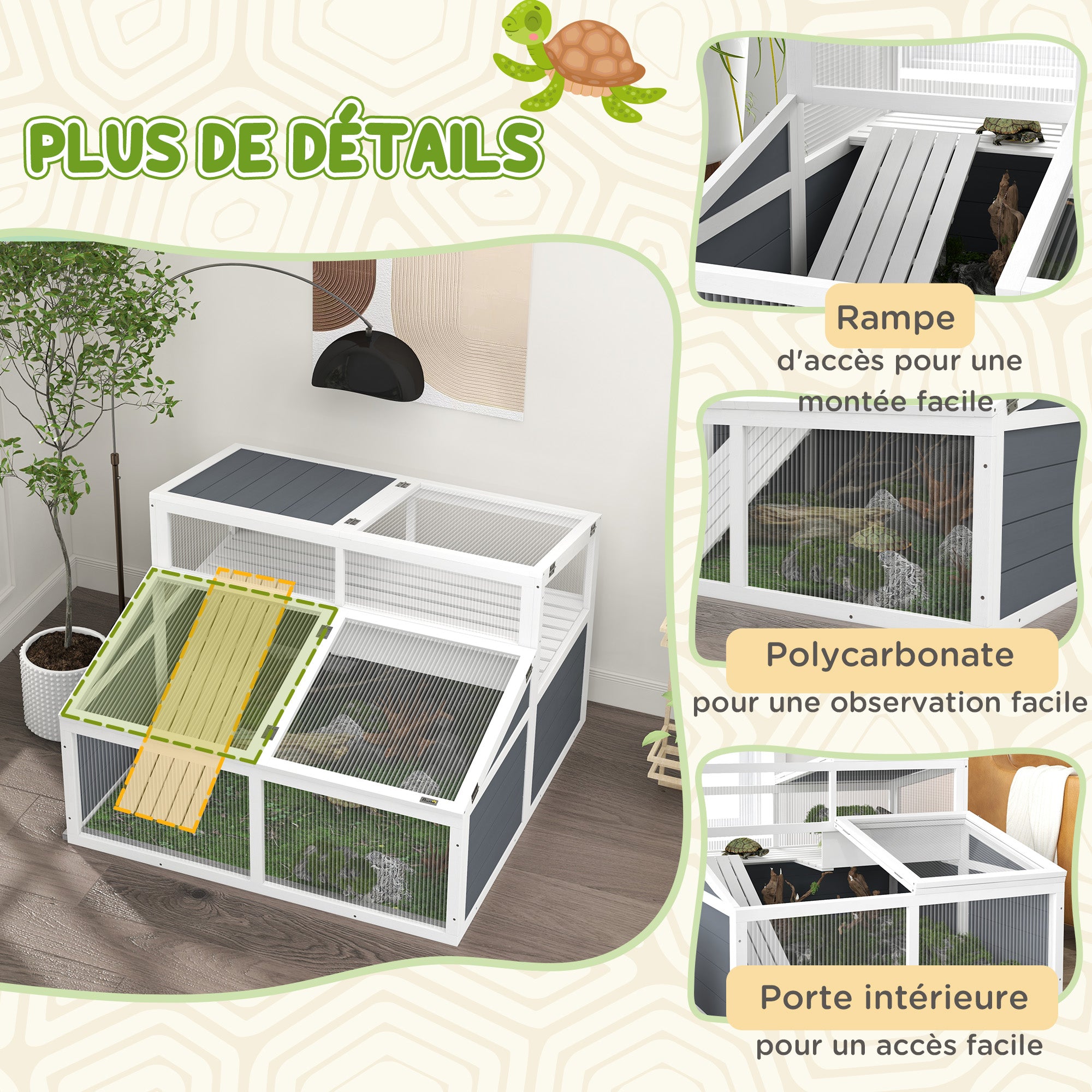 Tortoise House Enclosure Cage for Small Animal with 2 Spaces Polycarbonate Roof, 3 Doors, Ramp, 115 x 115 x 82 cm - Gray