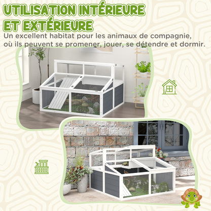 Tortoise House Enclosure Cage for Small Animal with 2 Spaces Polycarbonate Roof, 3 Doors, Ramp, 115 x 115 x 82 cm - Gray