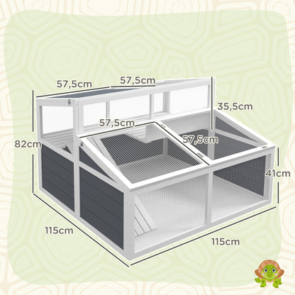 Tortoise House Enclosure Cage for Small Animal with 2 Spaces Polycarbonate Roof, 3 Doors, Ramp, 115 x 115 x 82 cm - Gray