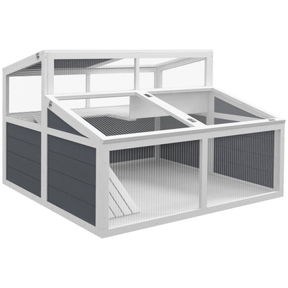Tortoise House Enclosure Cage for Small Animal with 2 Spaces Polycarbonate Roof, 3 Doors, Ramp, 115 x 115 x 82 cm - Gray