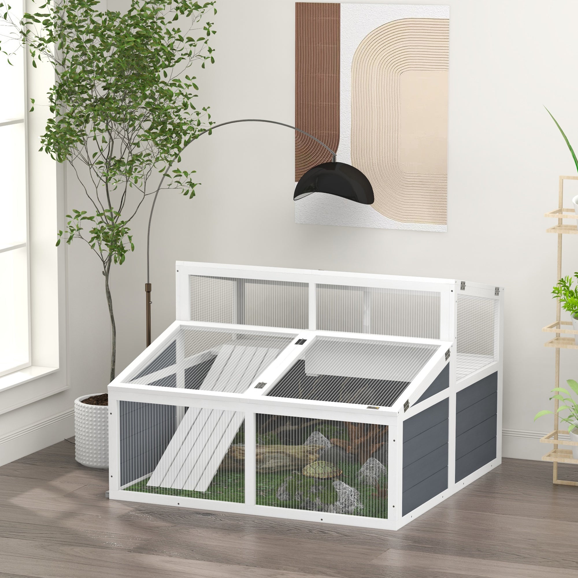 Tortoise House Enclosure Cage for Small Animal with 2 Spaces Polycarbonate Roof, 3 Doors, Ramp, 115 x 115 x 82 cm - Gray