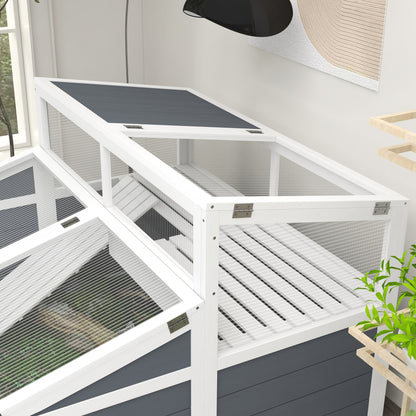 Tortoise House Enclosure Cage for Small Animal with 2 Spaces Polycarbonate Roof, 3 Doors, Ramp, 115 x 115 x 82 cm - Gray