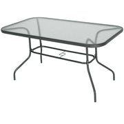 Rectangular Outdoor Garden Table with Curved Metal Edges and Umbrella Hole Tempered Glass 70kg Capacity 140x80x70 cm Charcoal Gray