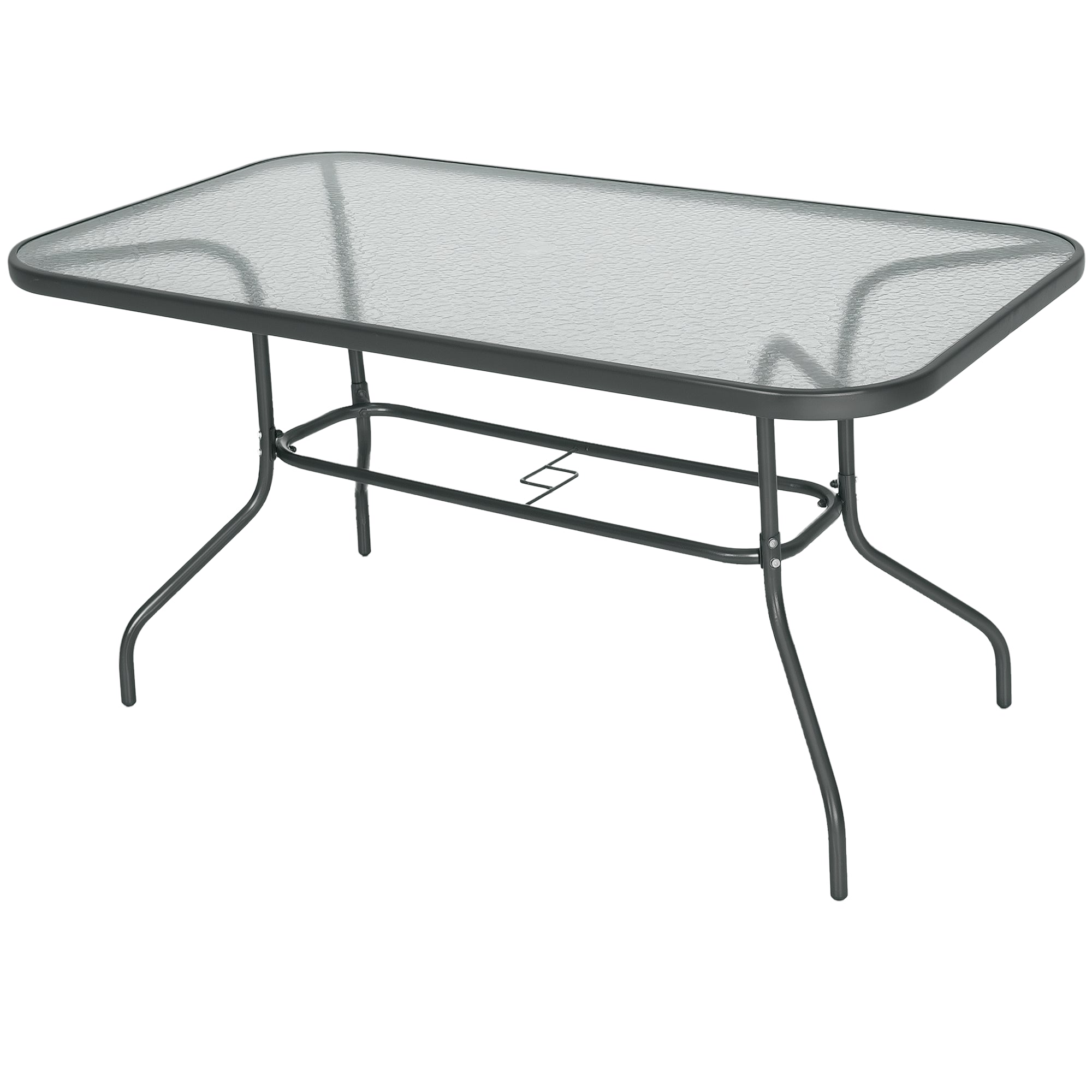 Rectangular Outdoor Garden Table with Curved Metal Edges and Umbrella Hole Tempered Glass 70kg Capacity 140x80x70 cm Charcoal Gray