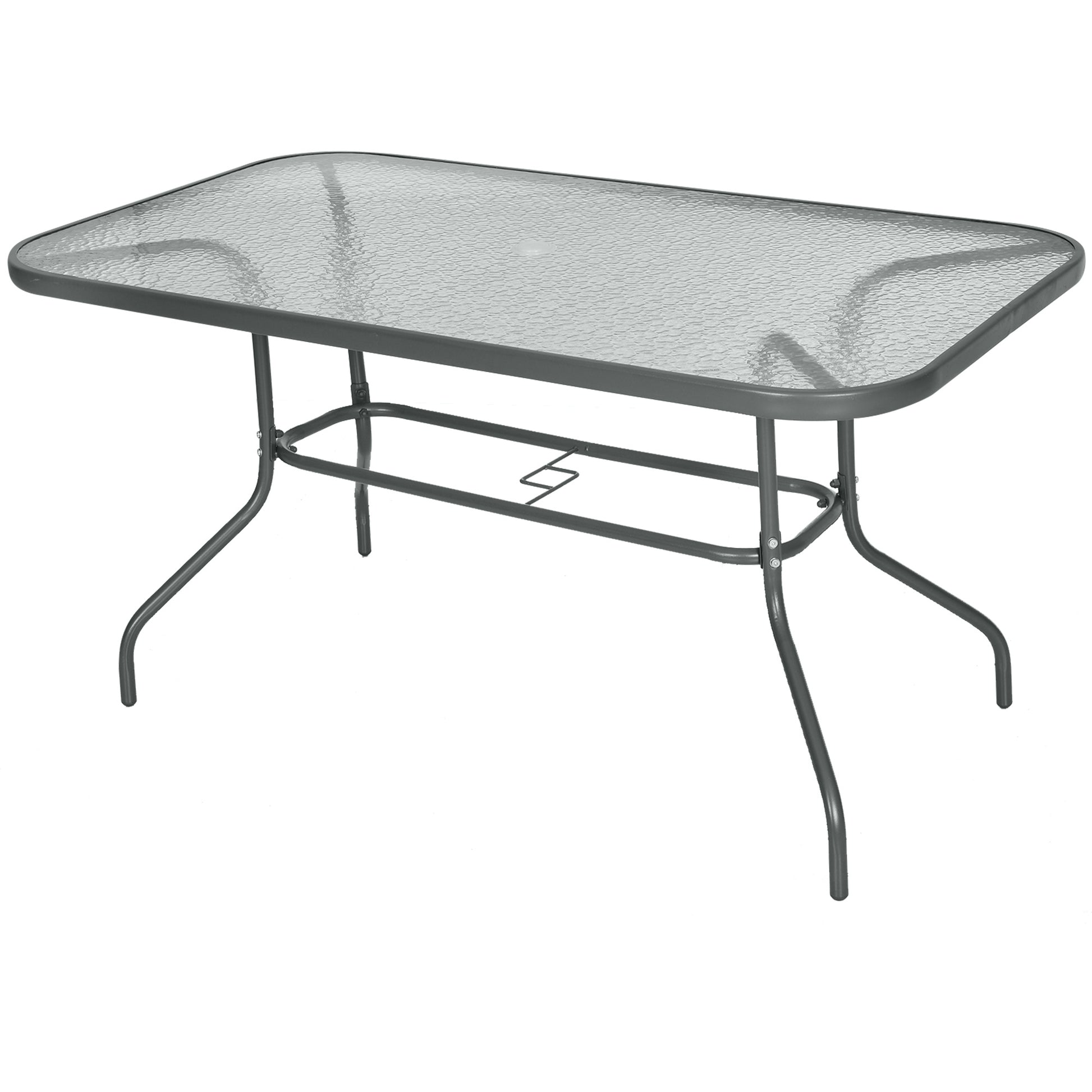 Rectangular Outdoor Garden Table with Curved Metal Edges and Umbrella Hole Tempered Glass 70kg Capacity 140x80x70 cm Charcoal Gray