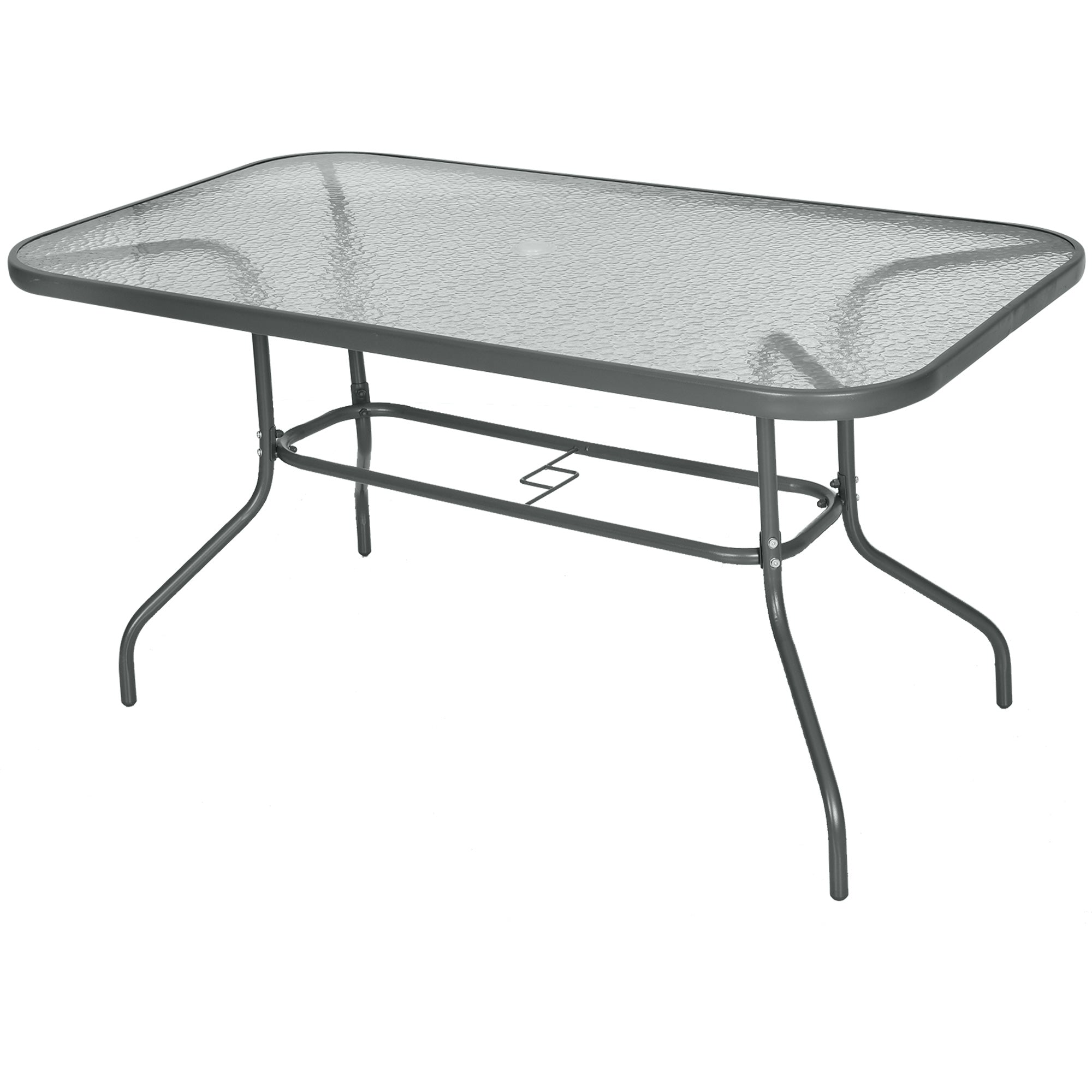 Rectangular Outdoor Garden Table with Curved Metal Edges and Umbrella Hole Tempered Glass 70kg Capacity 140x80x70 cm Charcoal Gray