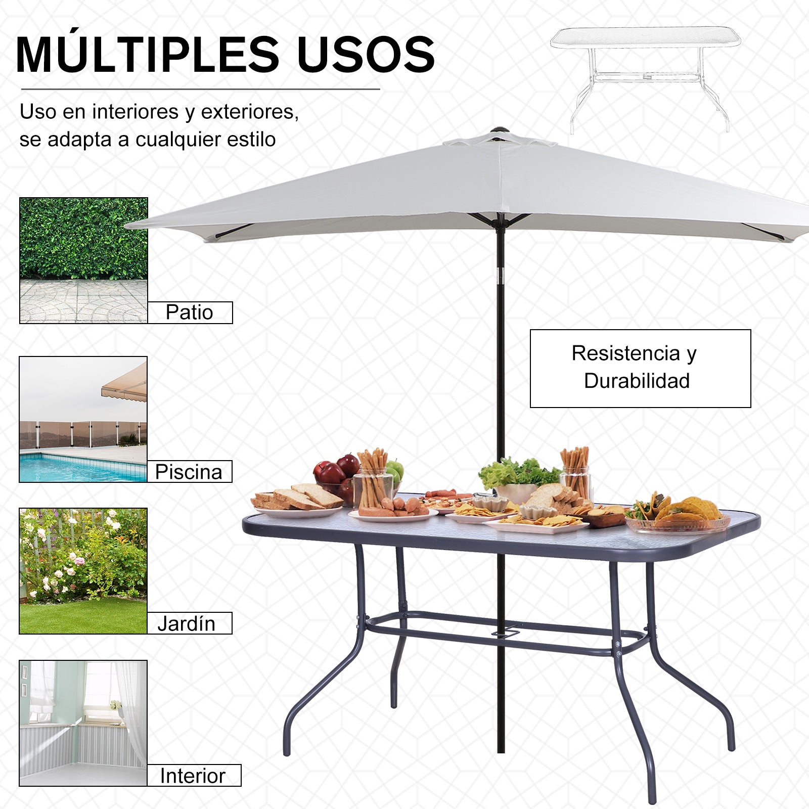 Rectangular Outdoor Garden Table with Curved Metal Edges and Umbrella Hole Tempered Glass 70kg Capacity 140x80x70 cm Charcoal Gray