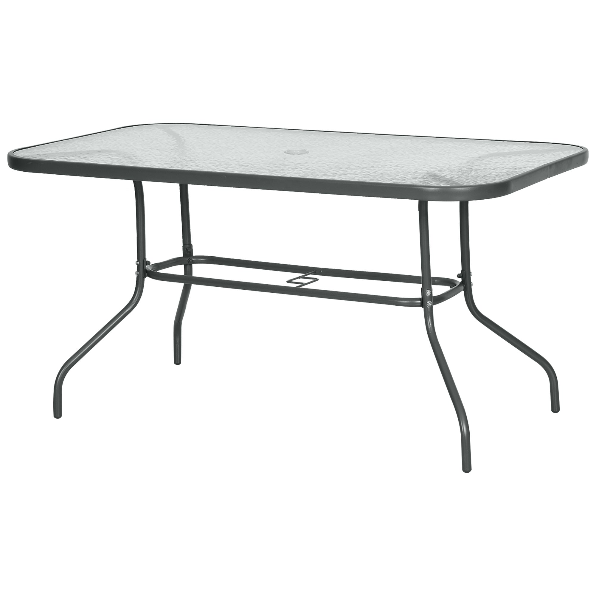 Rectangular Outdoor Garden Table with Curved Metal Edges and Umbrella Hole Tempered Glass 70kg Capacity 140x80x70 cm Charcoal Gray