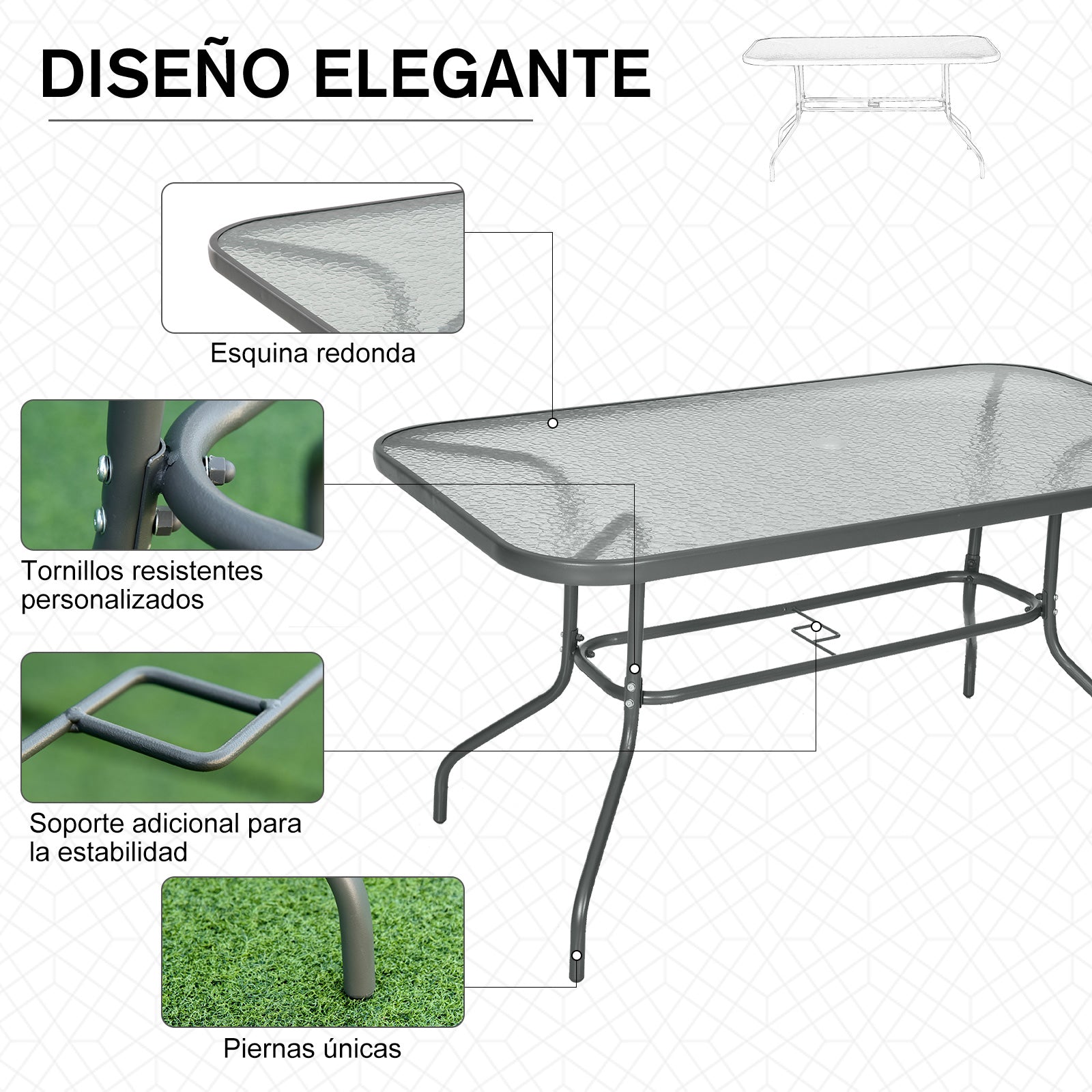 Rectangular Outdoor Garden Table with Curved Metal Edges and Umbrella Hole Tempered Glass 70kg Capacity 140x80x70 cm Charcoal Gray