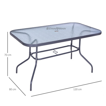 Rectangular Outdoor Garden Table with Curved Metal Edges and Umbrella Hole Tempered Glass 70kg Capacity 140x80x70 cm Charcoal Gray