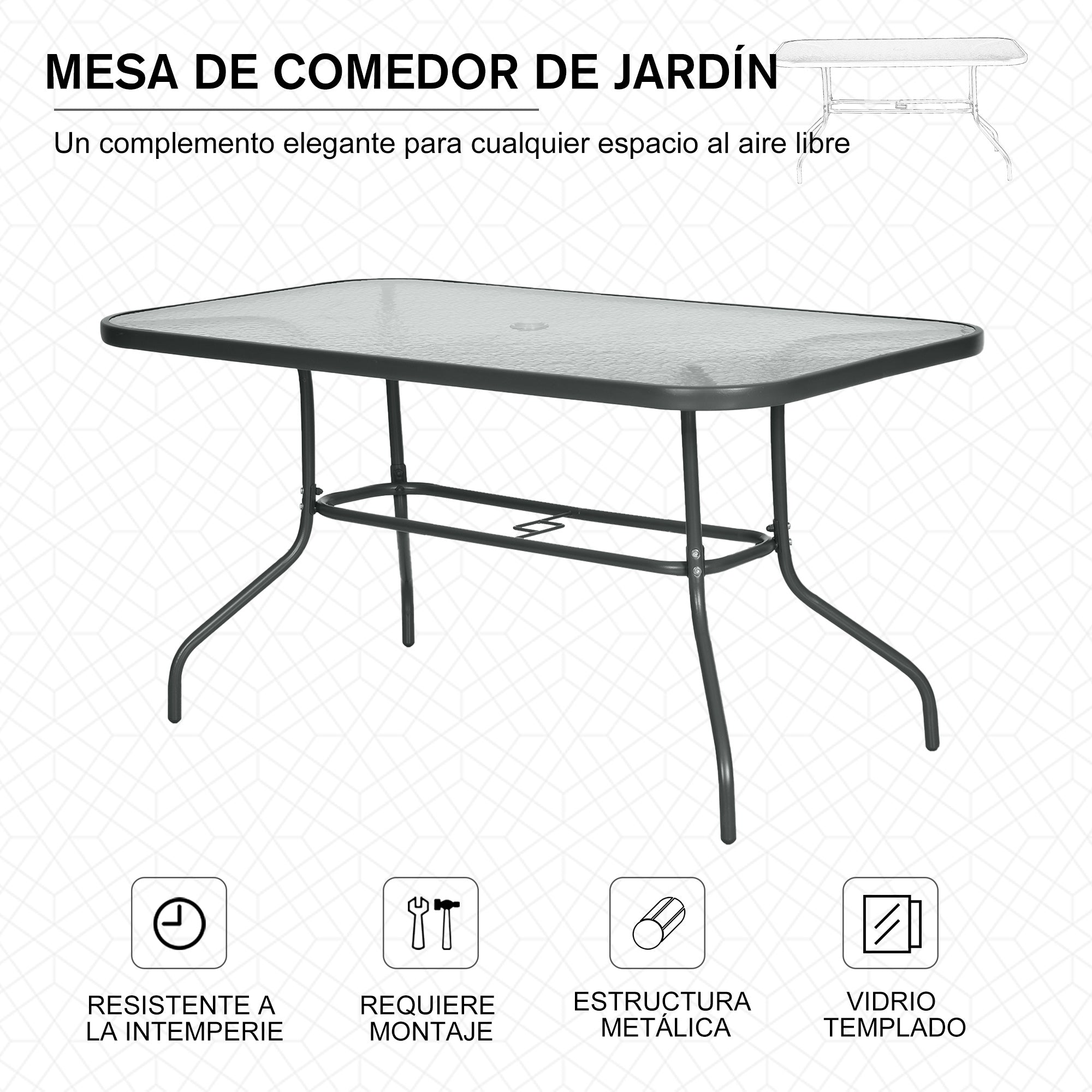 Rectangular Outdoor Garden Table with Curved Metal Edges and Umbrella Hole Tempered Glass 70kg Capacity 140x80x70 cm Charcoal Gray