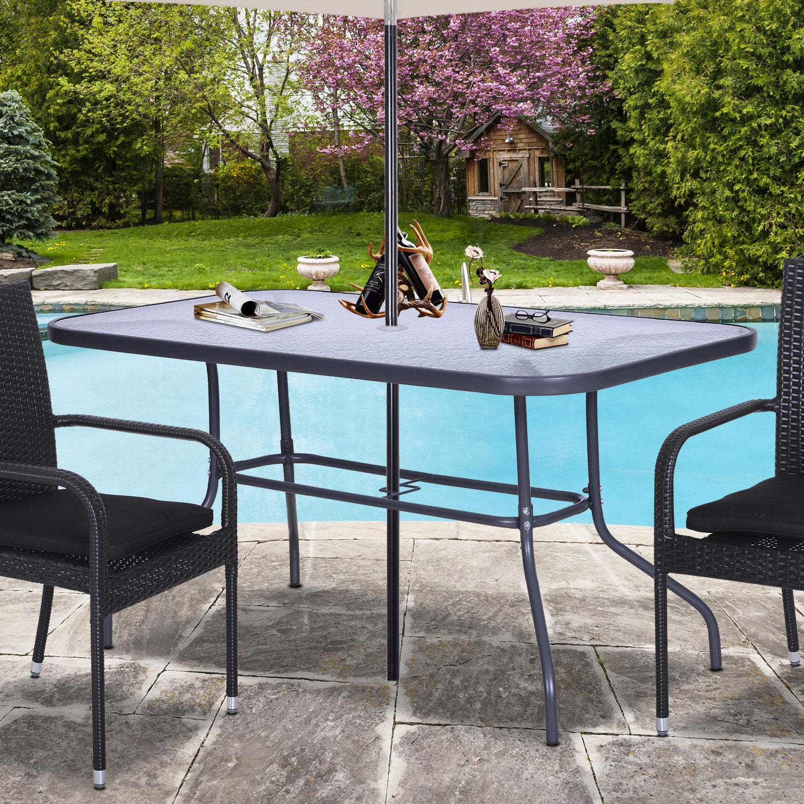 Rectangular Outdoor Garden Table with Curved Metal Edges and Umbrella Hole Tempered Glass 70kg Capacity 140x80x70 cm Charcoal Gray