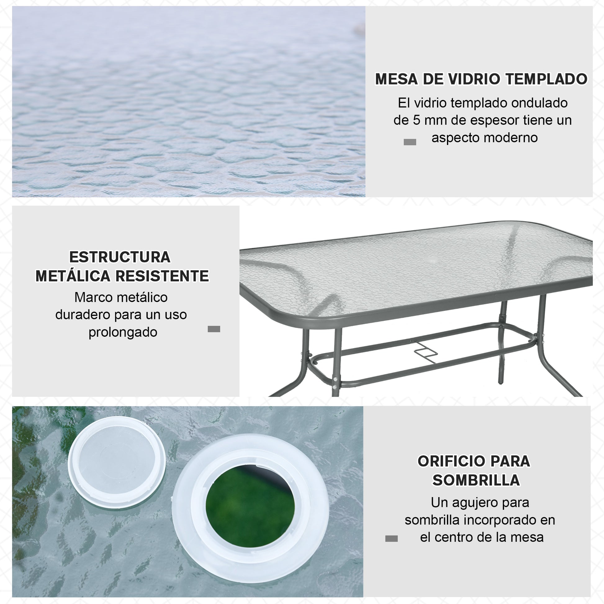 Rectangular Outdoor Garden Table with Curved Metal Edges and Umbrella Hole Tempered Glass 70kg Capacity 140x80x70 cm Charcoal Gray