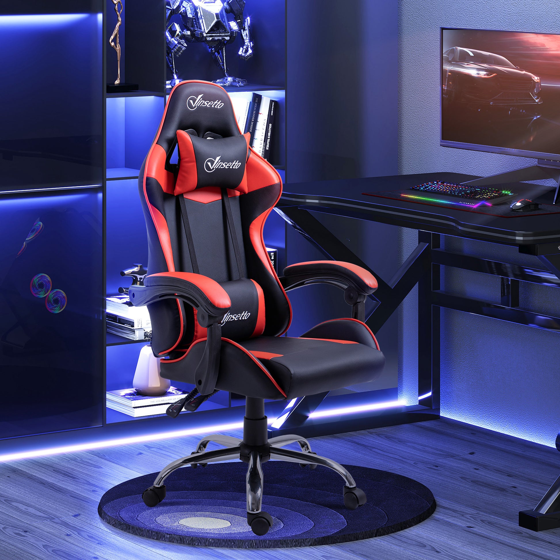 Gaming Chair Racing Swivel Chair with Height Adjustable 135° Reclining Headrest and Lumbar Pillow for Office Study 63x67x122-130 cm Red