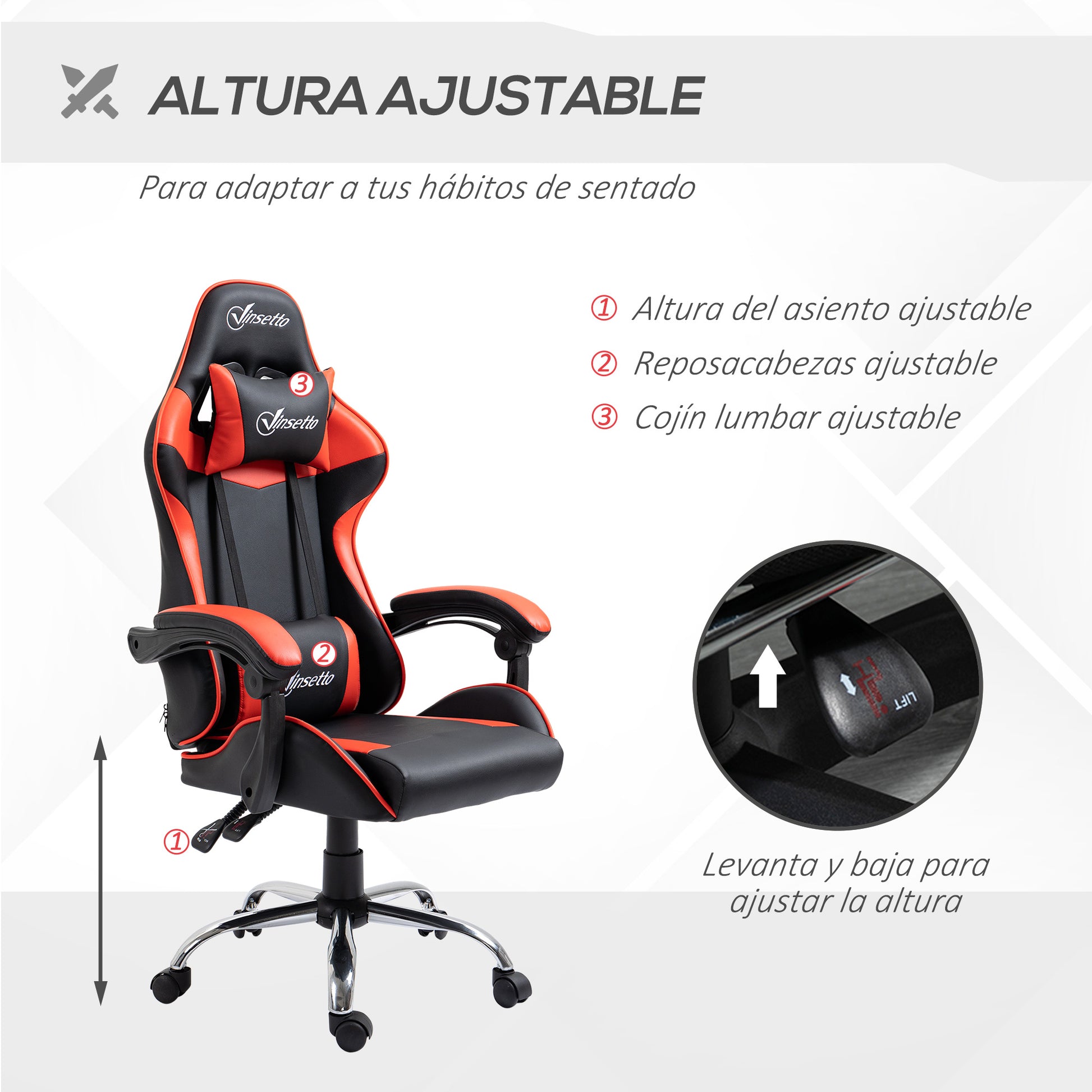 Gaming Chair Racing Swivel Chair with Height Adjustable 135° Reclining Headrest and Lumbar Pillow for Office Study 63x67x122-130 cm Red