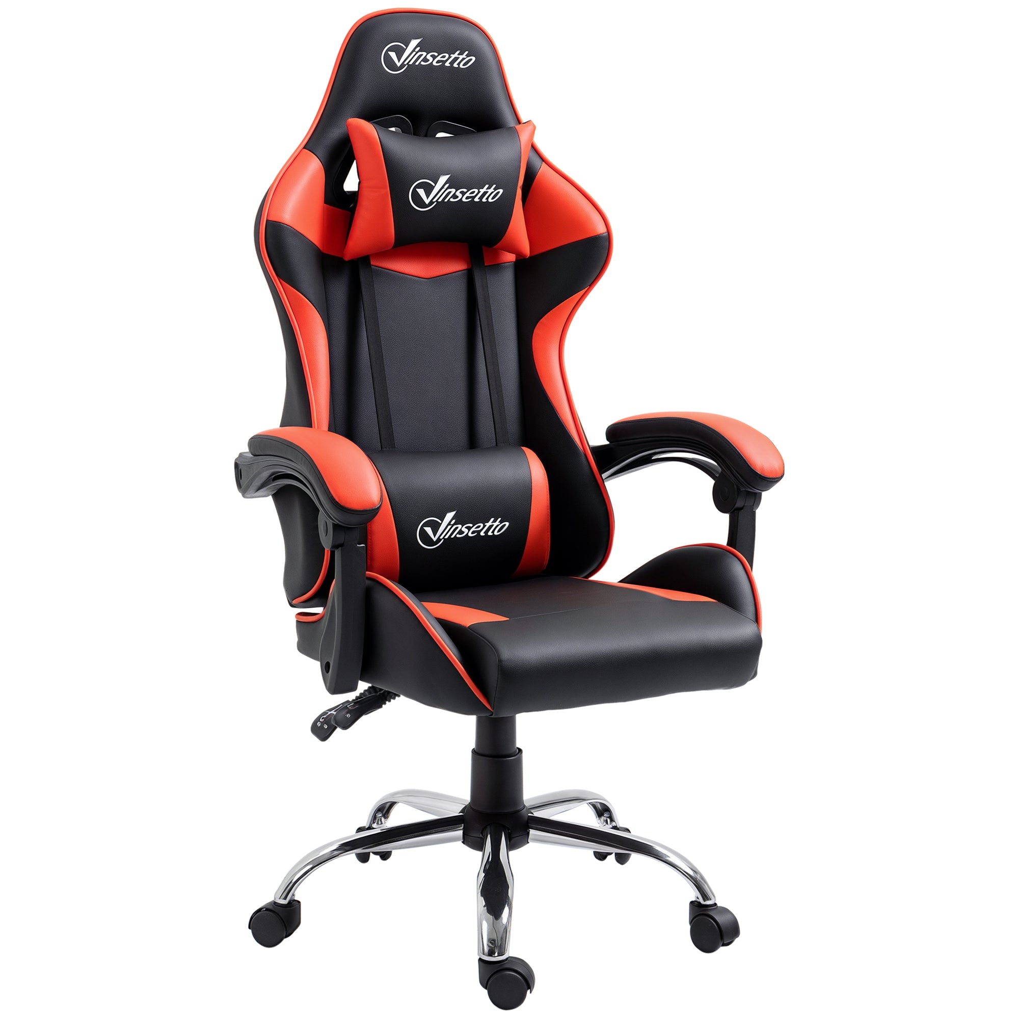 Gaming Chair Racing Swivel Chair with Height Adjustable 135° Reclining Headrest and Lumbar Pillow for Office Study 63x67x122-130 cm Red