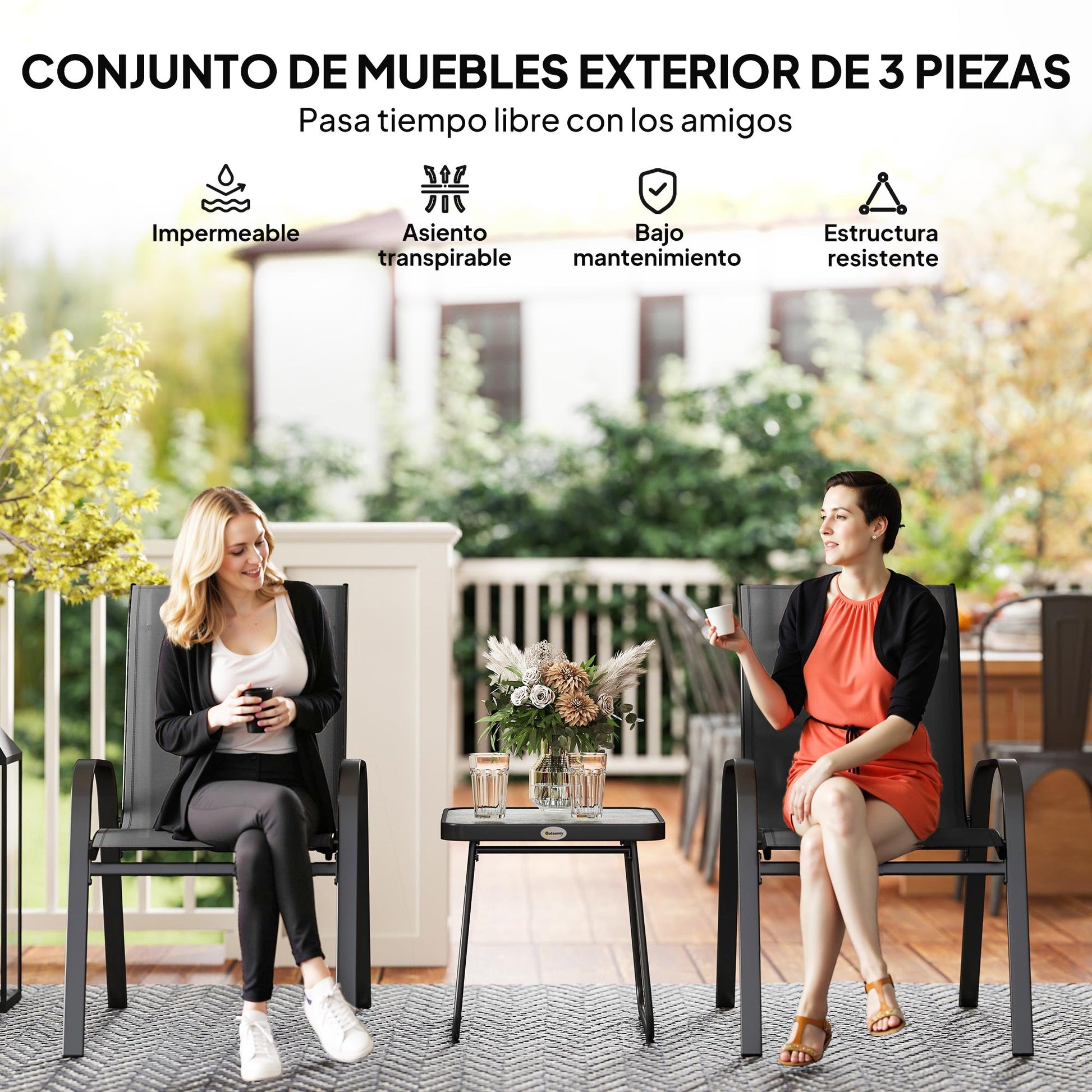 3-Piece Garden Furniture Set Outdoor Furniture Includes 2 Stackable Chairs with Breathable Mesh Fabric and Black Center Table