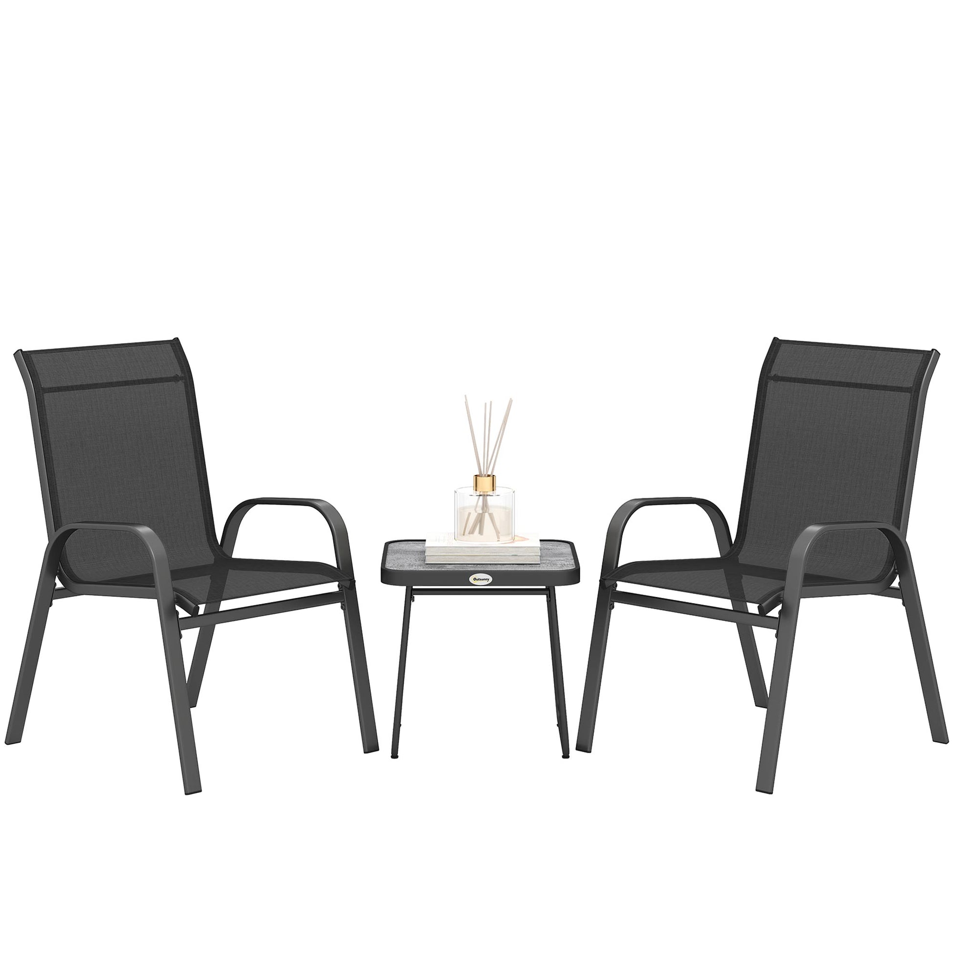 3-Piece Garden Furniture Set Outdoor Furniture Includes 2 Stackable Chairs with Breathable Mesh Fabric and Black Center Table