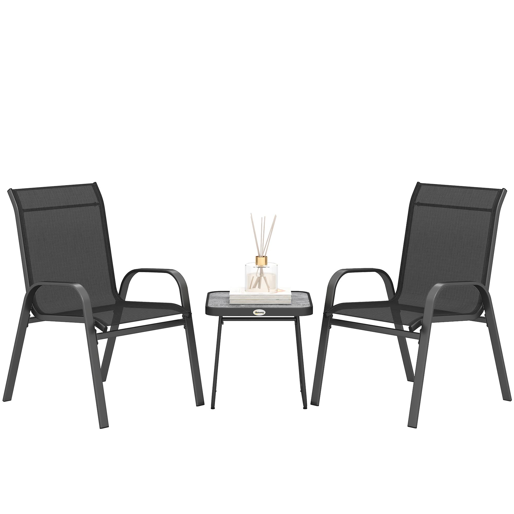 3-Piece Garden Furniture Set Outdoor Furniture Includes 2 Stackable Chairs with Breathable Mesh Fabric and Black Center Table