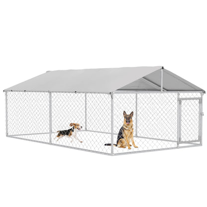 Outdoor Dog Kennel, Shelter with Waterproof Cover, 400x230x150cm, Silver and Grey