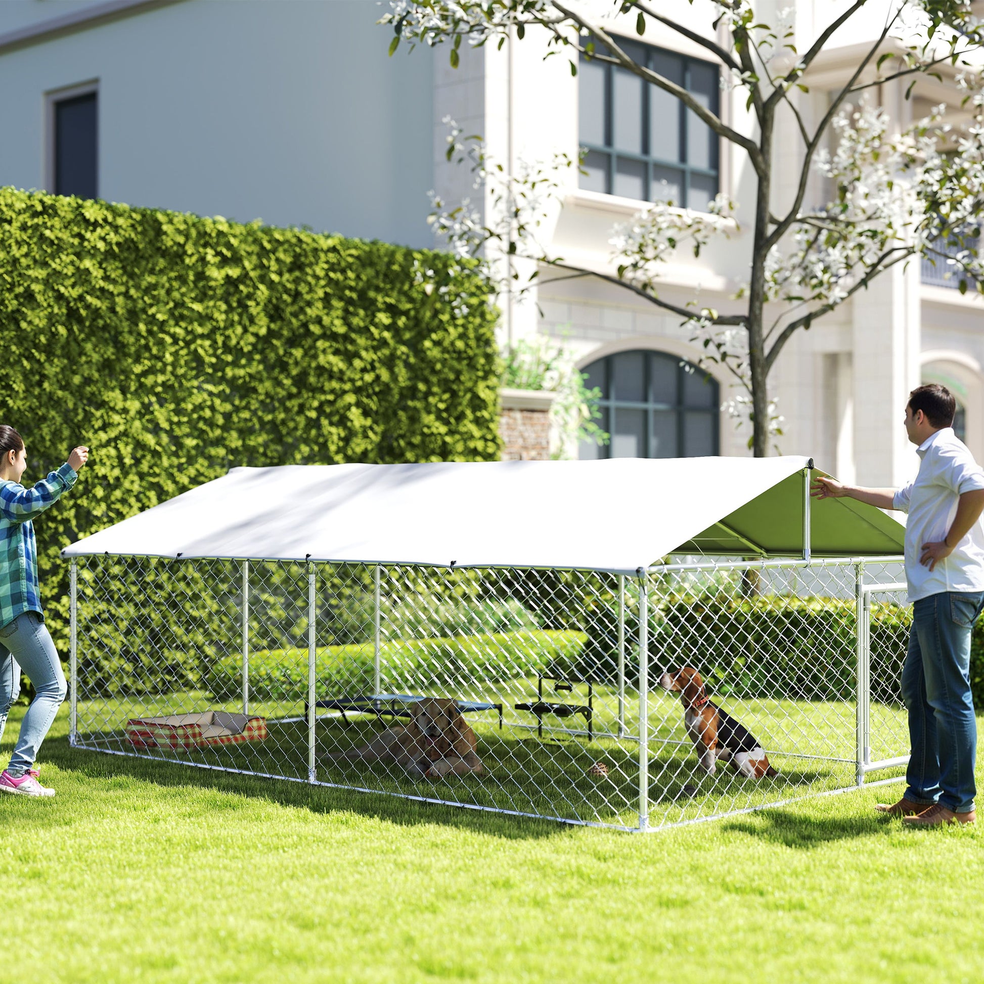 Outdoor Dog Kennel, Shelter with Waterproof Cover, 400x230x150cm, Silver and Grey