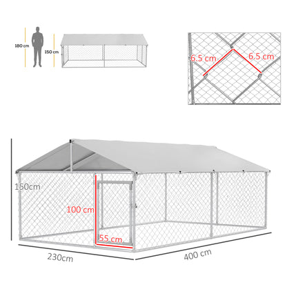 Outdoor Dog Kennel, Shelter with Waterproof Cover, 400x230x150cm, Silver and Grey