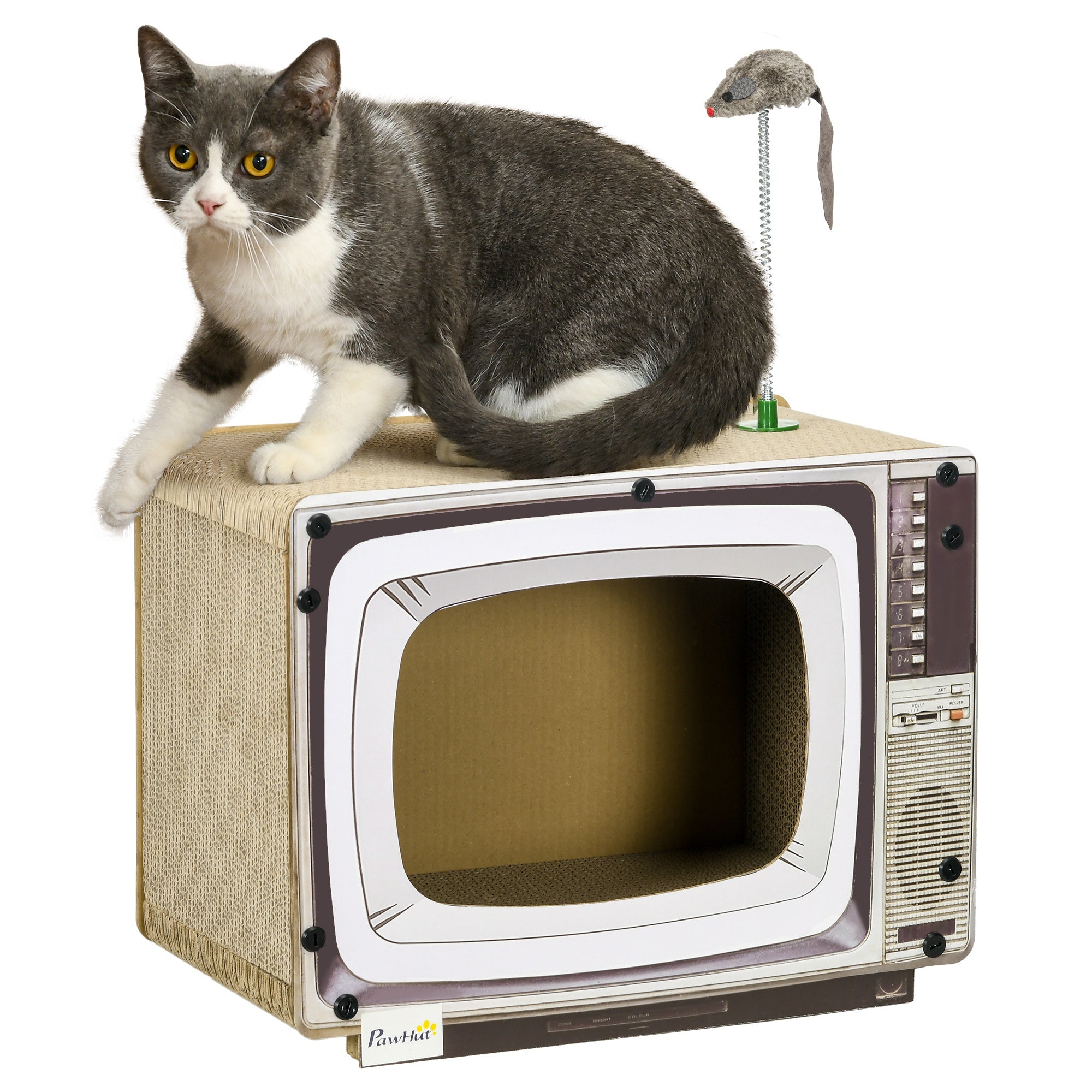 Cardboard Cat Scratcher TV-shaped Scratching Board with Toy Mouse Pet Activity Center 43x23x32.5 cm Sand