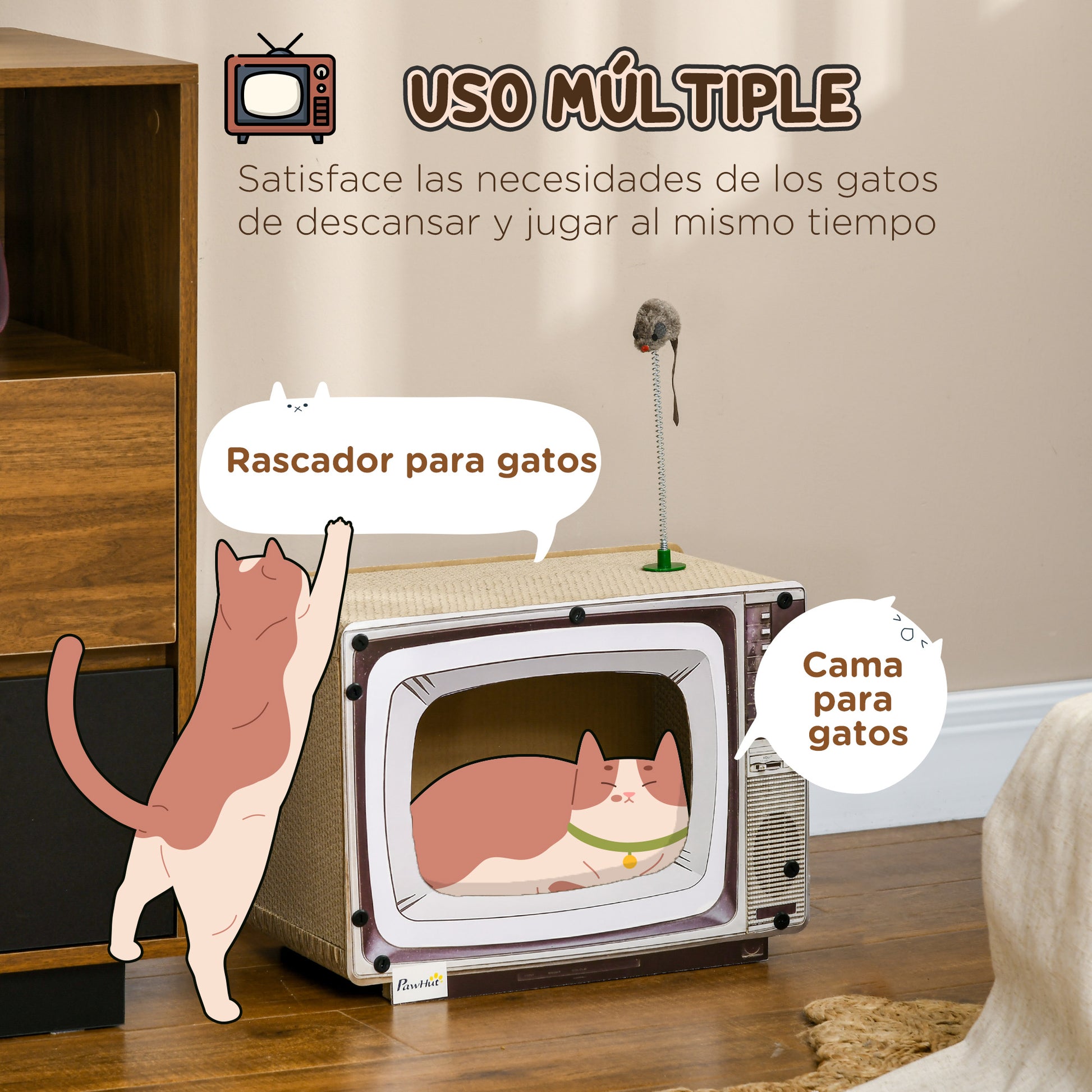 Cardboard Cat Scratcher TV-shaped Scratching Board with Toy Mouse Pet Activity Center 43x23x32.5 cm Sand
