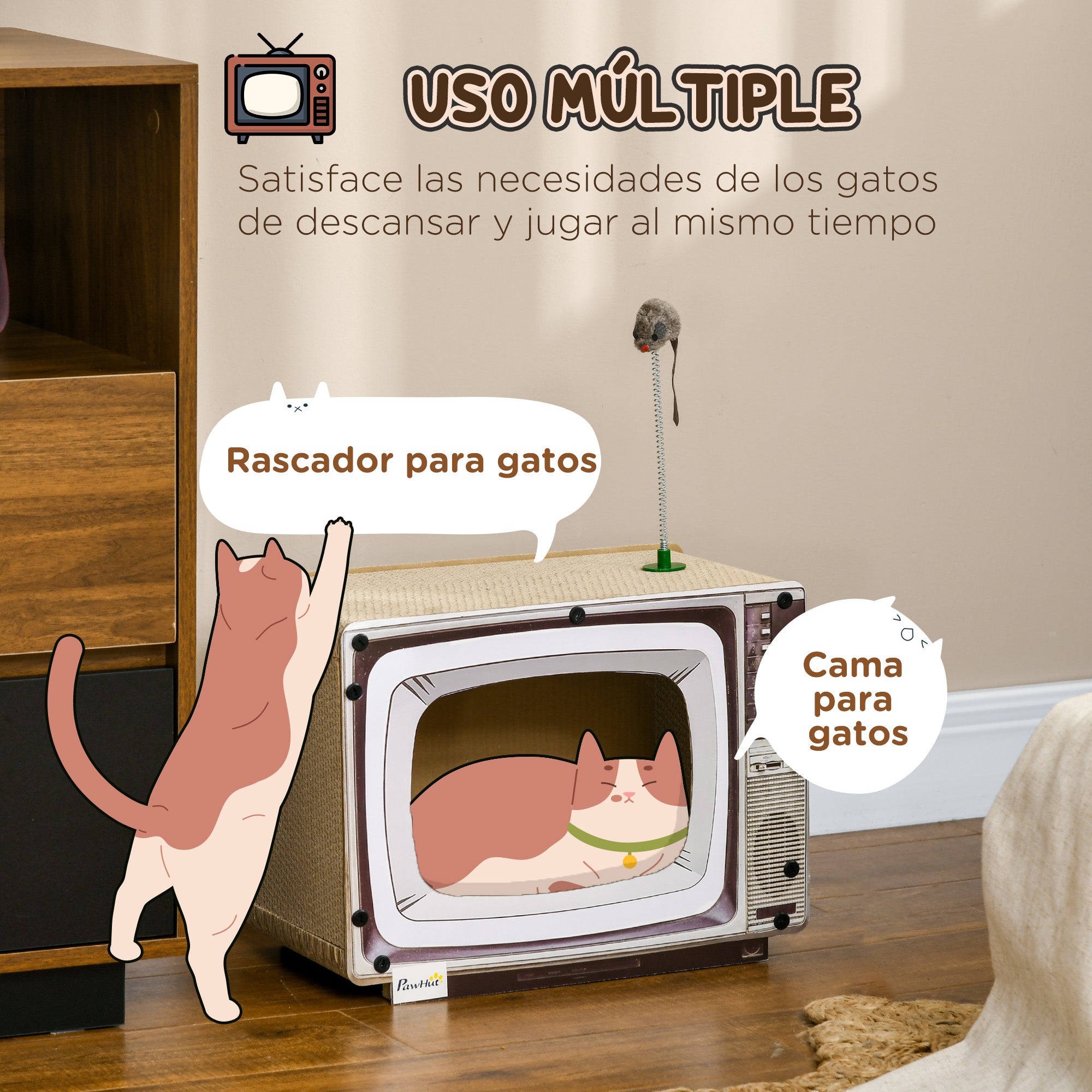 Cardboard Cat Scratcher TV-shaped Scratching Board with Toy Mouse Pet Activity Center 43x23x32.5 cm Sand