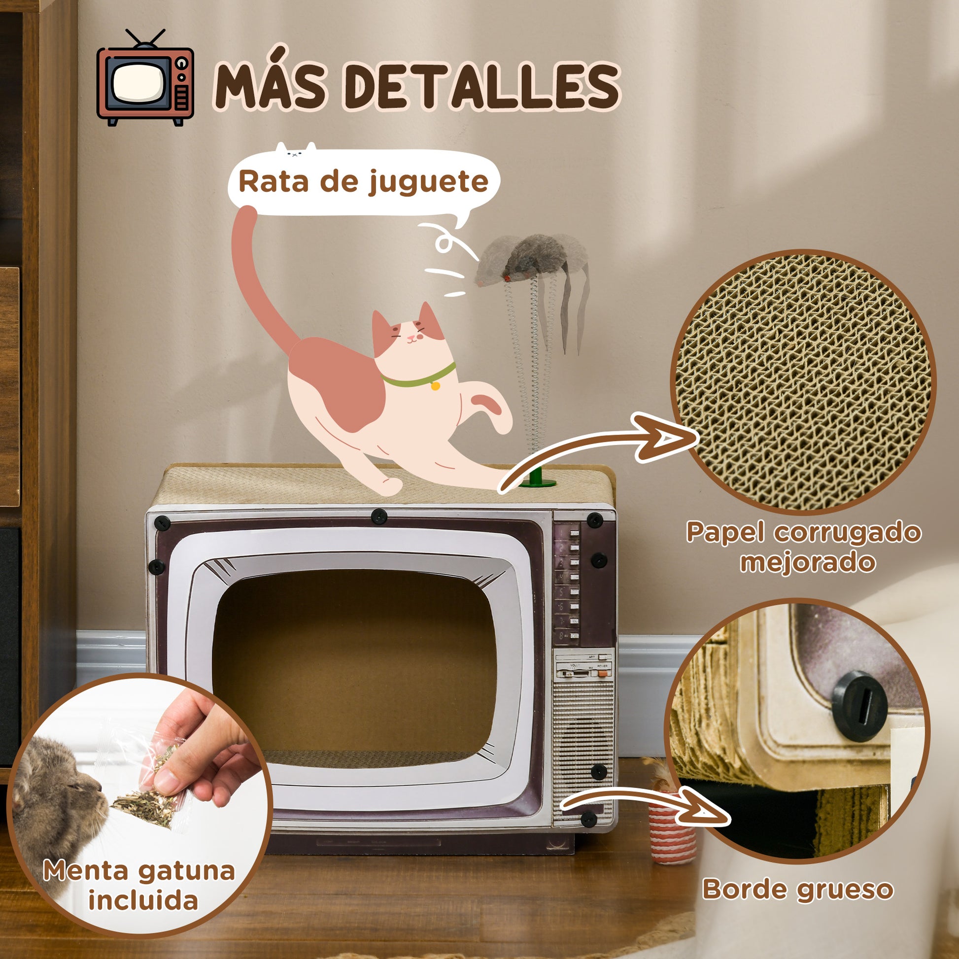 Cardboard Cat Scratcher TV-shaped Scratching Board with Toy Mouse Pet Activity Center 43x23x32.5 cm Sand