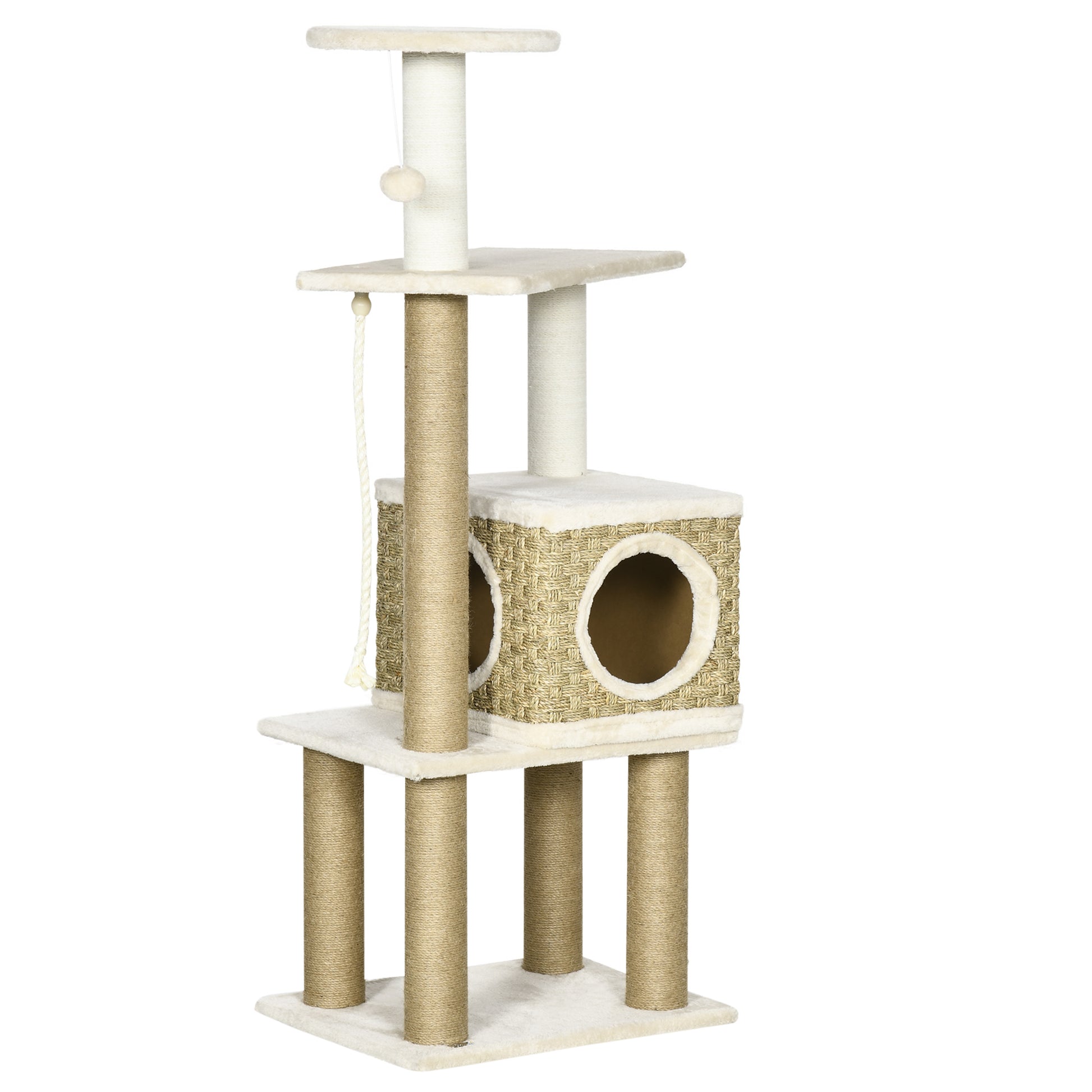 Cat Tree Climbing Scratcher for Cats 128 cm High Cozy Chic Style Hideaway Platforms Hanging Ball Short Plush Beige