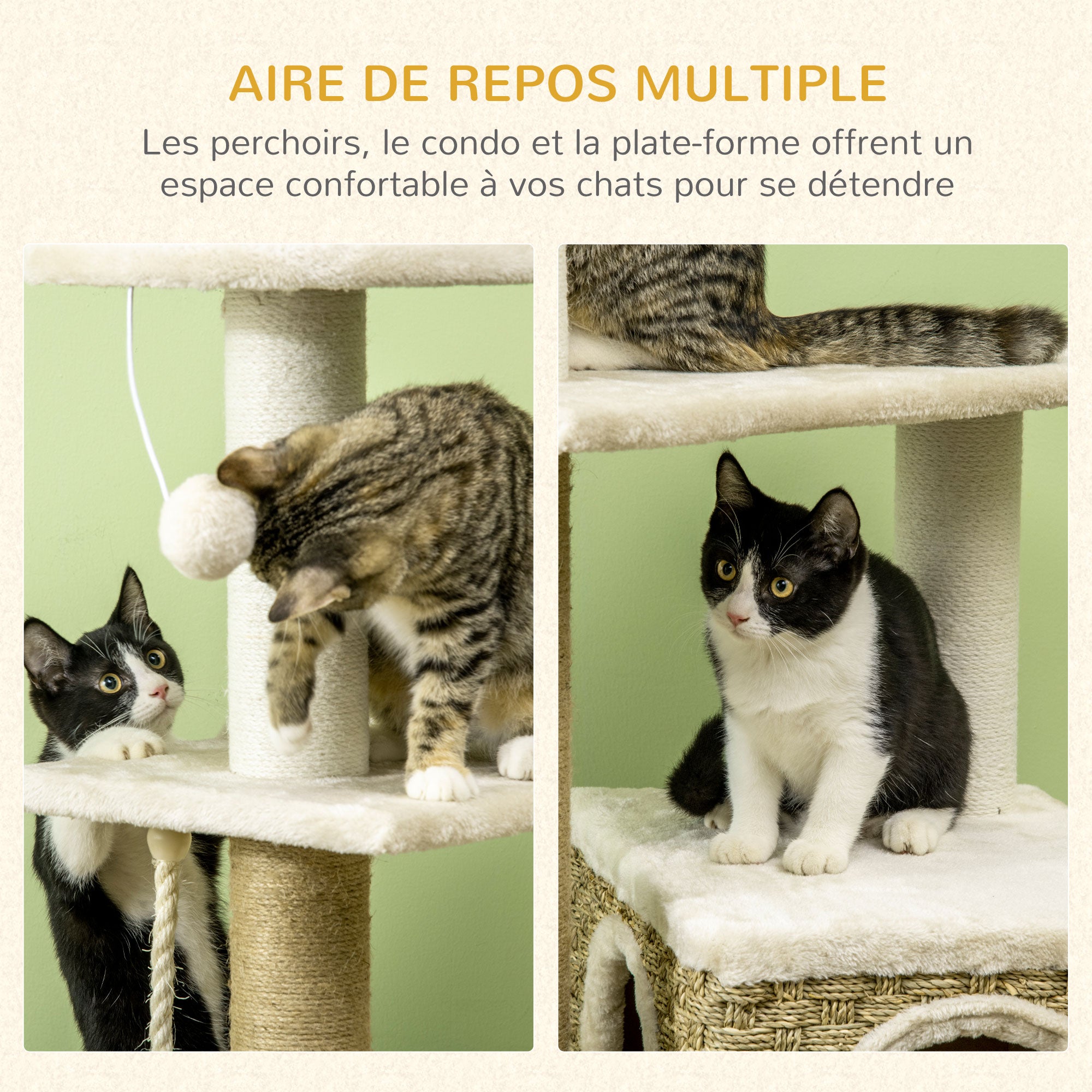 Cat Tree Climbing Scratcher for Cats 128 cm High Cozy Chic Style Hideaway Platforms Hanging Ball Short Plush Beige