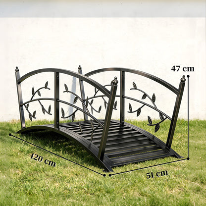 Metal Garden Bridge, 47 in (120 cm) Decorative Pond Bridge with Safety Handrails, Vine & Leaf Design, 220 lb Capacity, Powder-Coated Black — Easy Assembly
