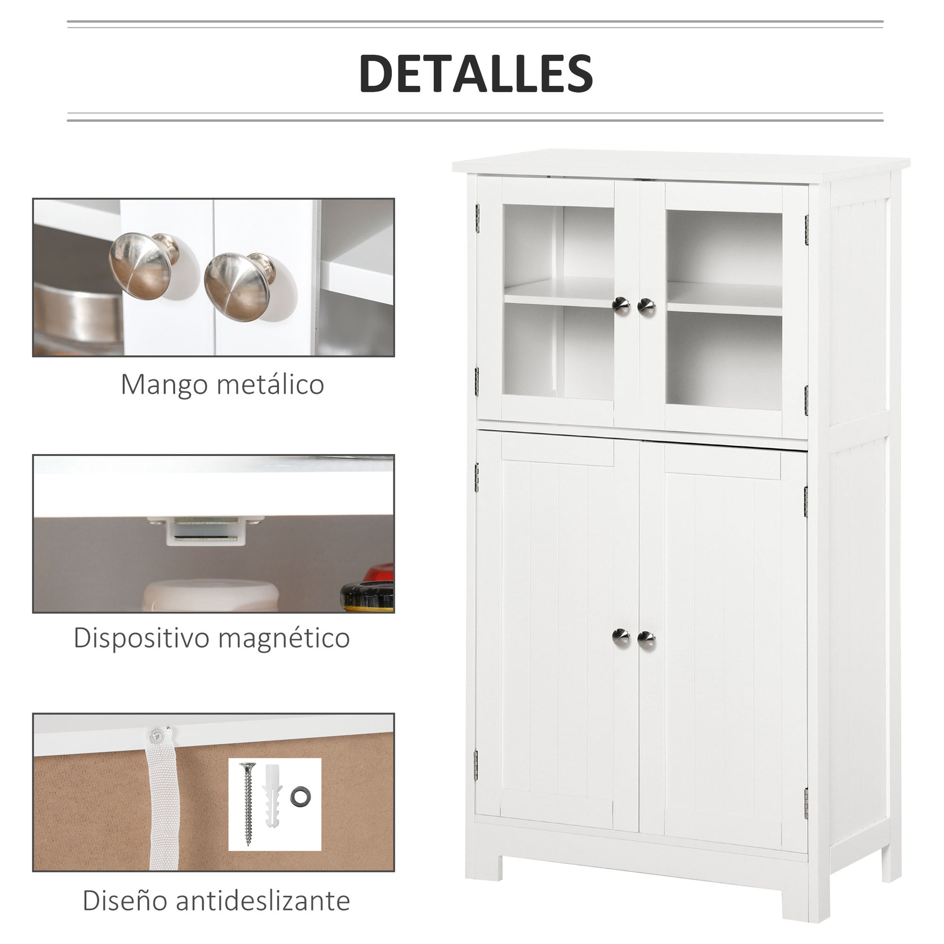 Bathroom Tower Storage Cabinet with Tempered Glass Doors and Adjustable Shelf for Kitchen Dining Room Living Room 60x30x108.5 cm White