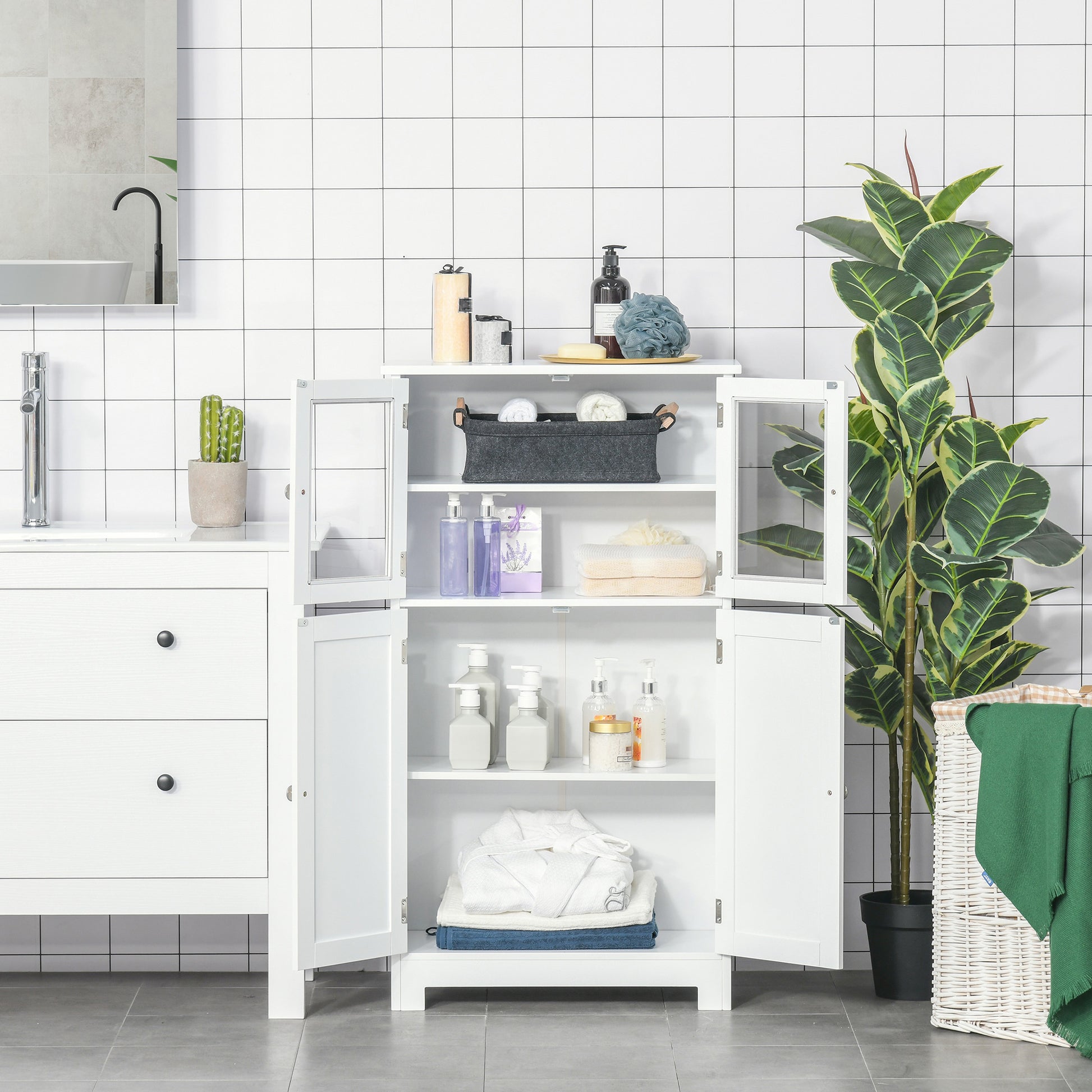Bathroom Tower Storage Cabinet with Tempered Glass Doors and Adjustable Shelf for Kitchen Dining Room Living Room 60x30x108.5 cm White