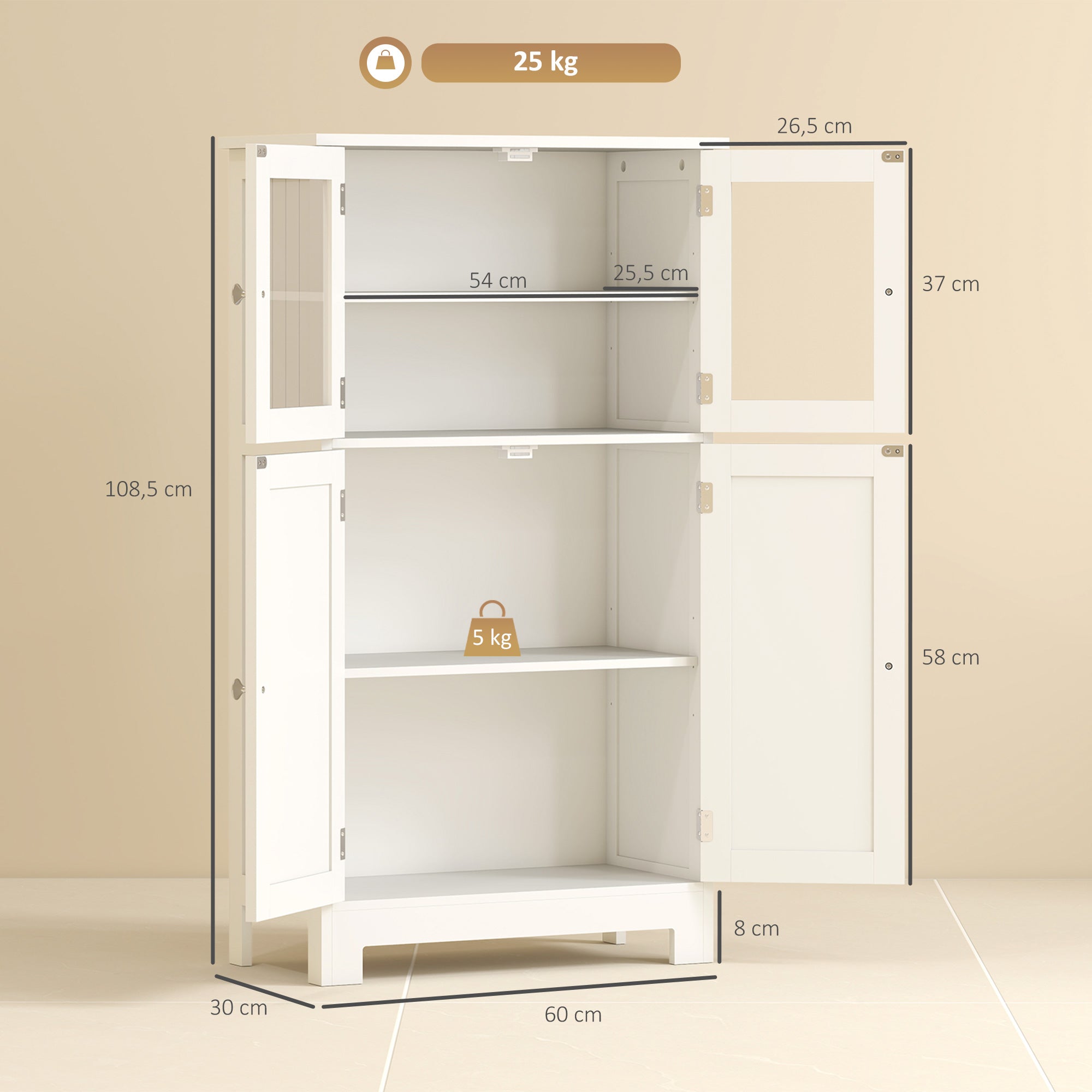 Bathroom Tower Storage Cabinet with Tempered Glass Doors and Adjustable Shelf for Kitchen Dining Room Living Room 60x30x108.5 cm White