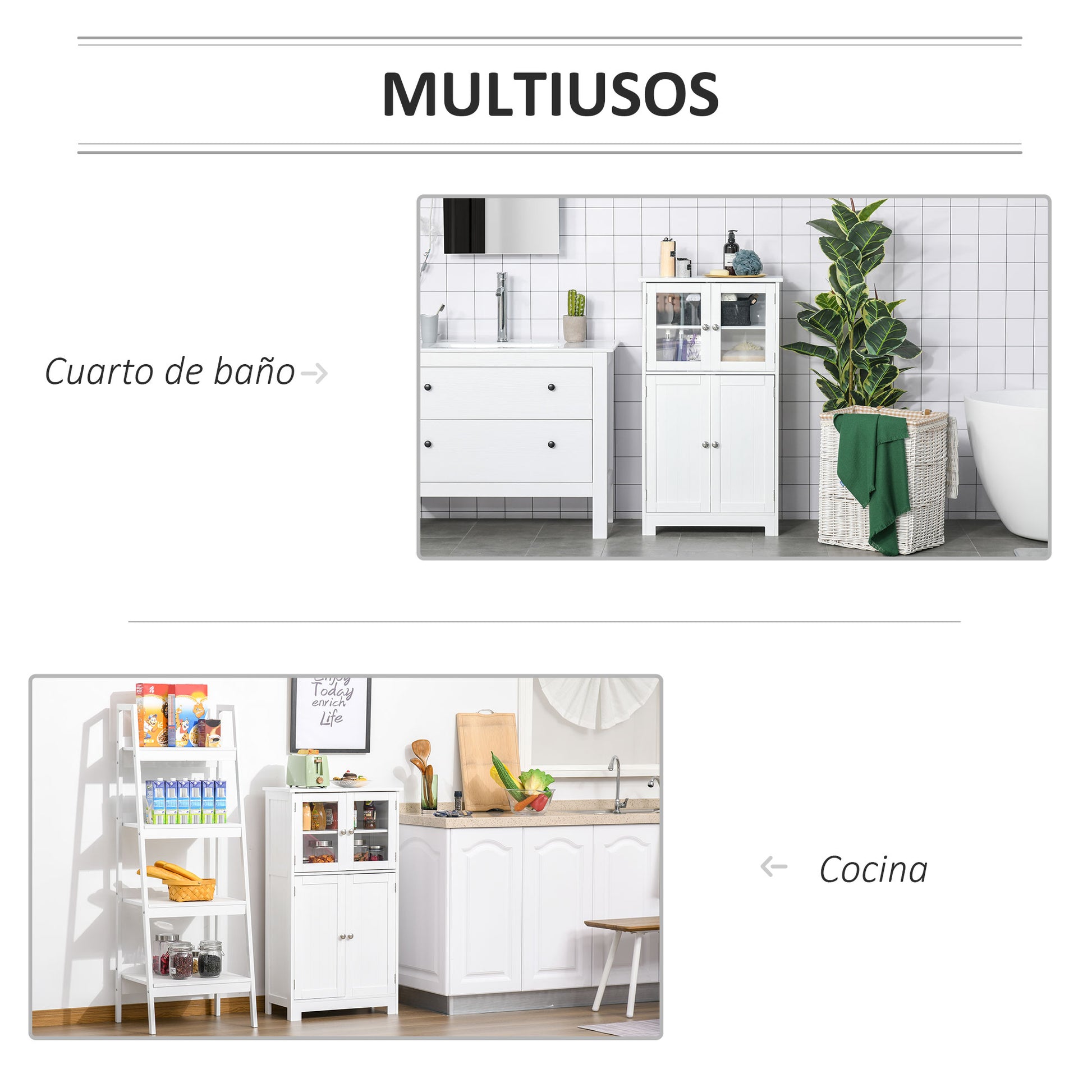Bathroom Tower Storage Cabinet with Tempered Glass Doors and Adjustable Shelf for Kitchen Dining Room Living Room 60x30x108.5 cm White