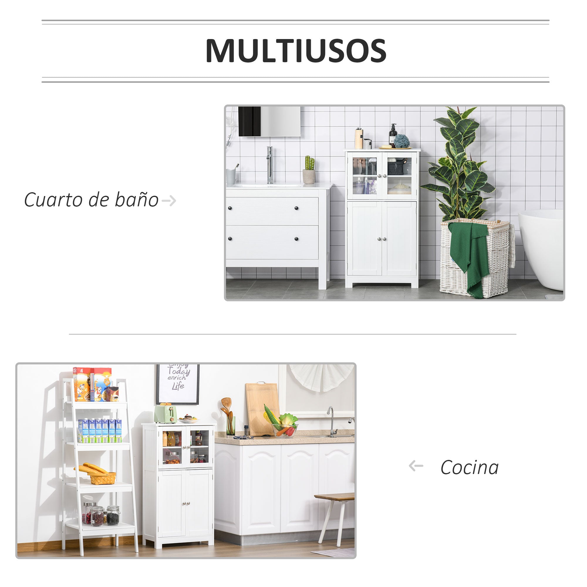 Bathroom Tower Storage Cabinet with Tempered Glass Doors and Adjustable Shelf for Kitchen Dining Room Living Room 60x30x108.5 cm White