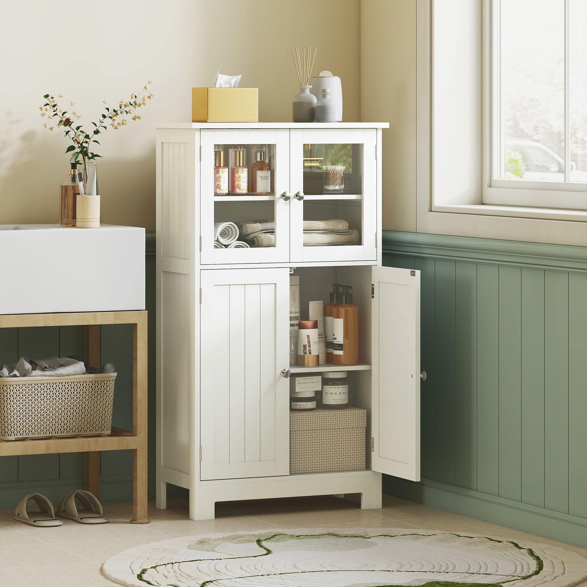 Bathroom Tower Storage Cabinet with Tempered Glass Doors and Adjustable Shelf for Kitchen Dining Room Living Room 60x30x108.5 cm White
