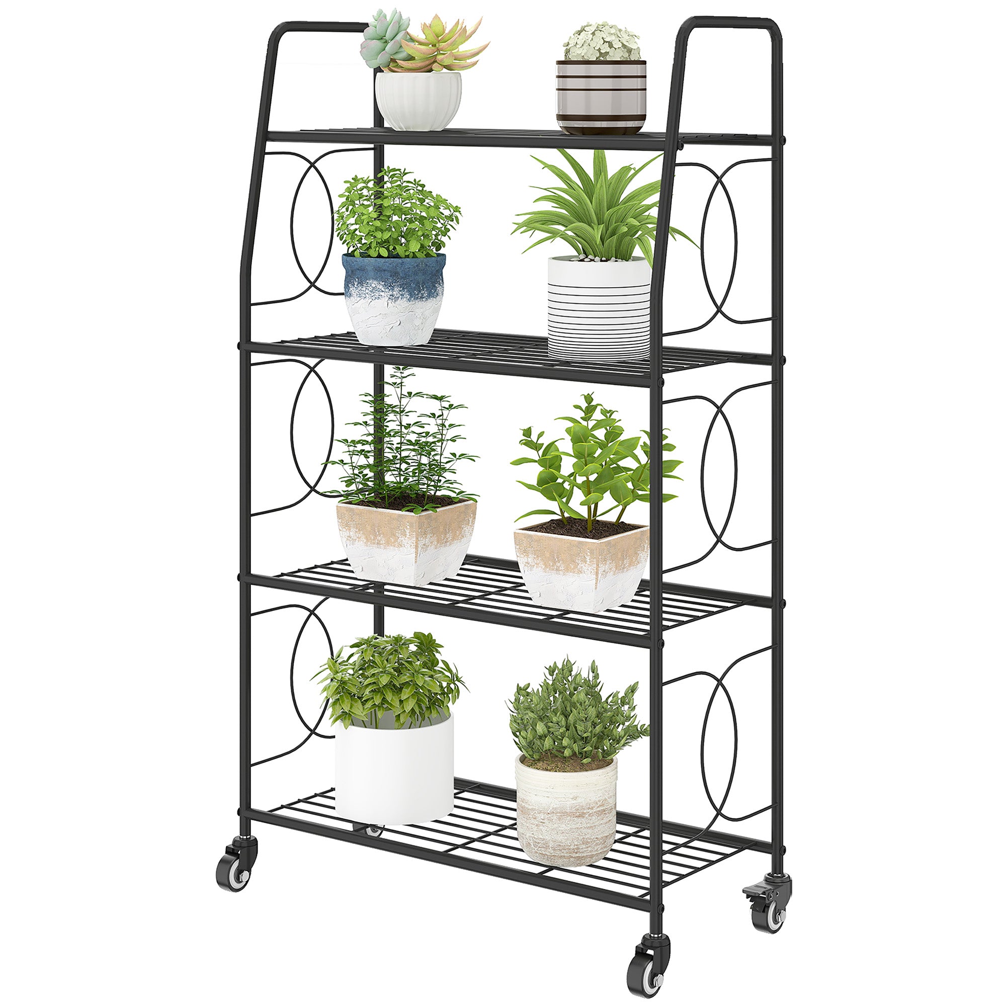 4-Tier Metal Plant Stand with Wheels & Handles, 44.9 in High — Multi-Layer Pot Rack for Garden, Balcony & Indoor (Black)