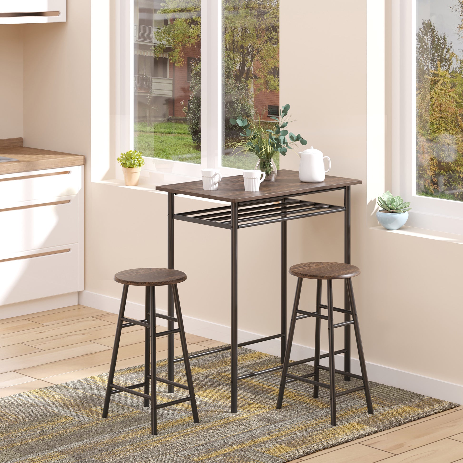 Bar Table Set Bar Table with 2 Bar Stools Dining Group Kitchen Table with Storage Shelf Dining Table for Dining Room, Kitchen, Black