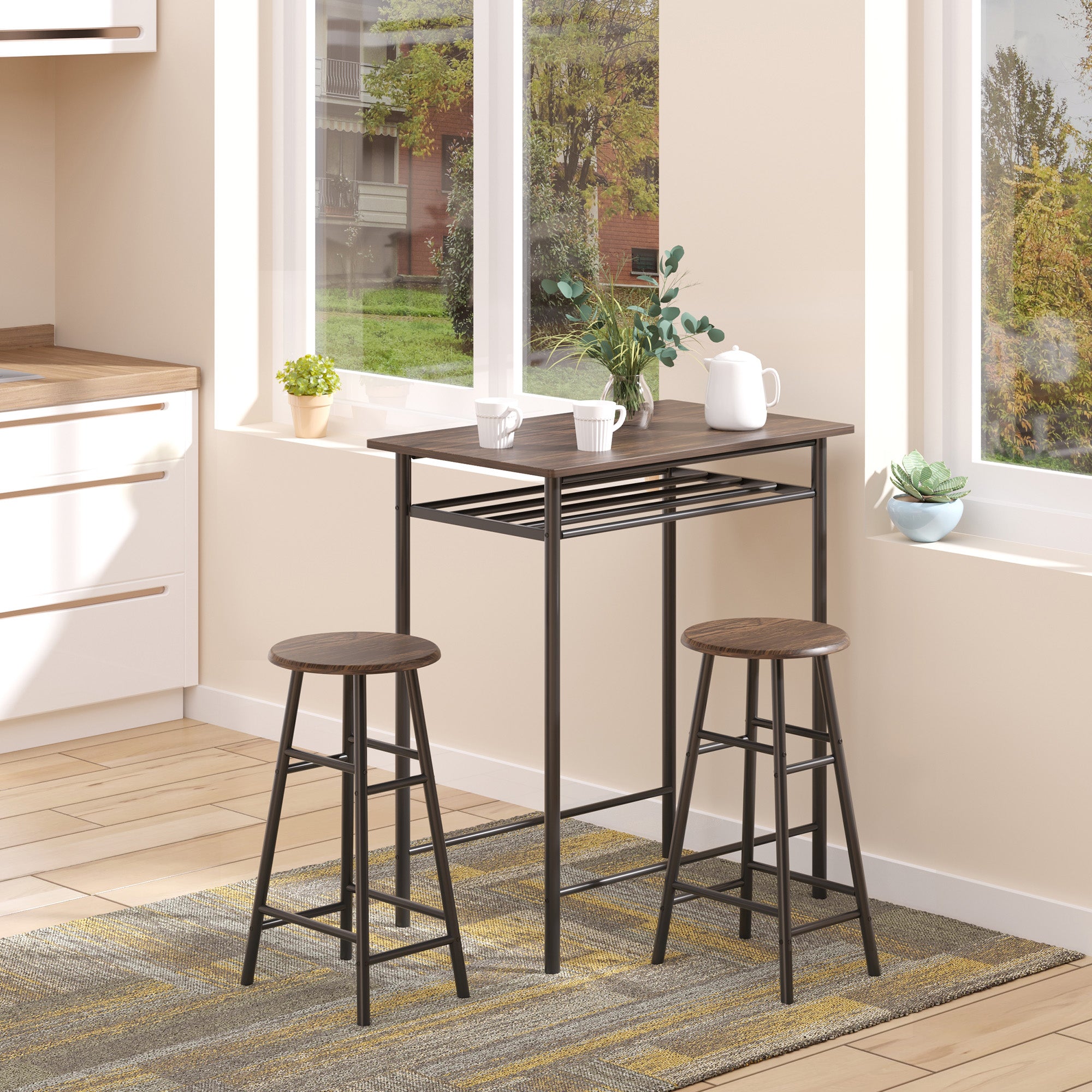 Bar Table Set Bar Table with 2 Bar Stools Dining Group Kitchen Table with Storage Shelf Dining Table for Dining Room, Kitchen, Black